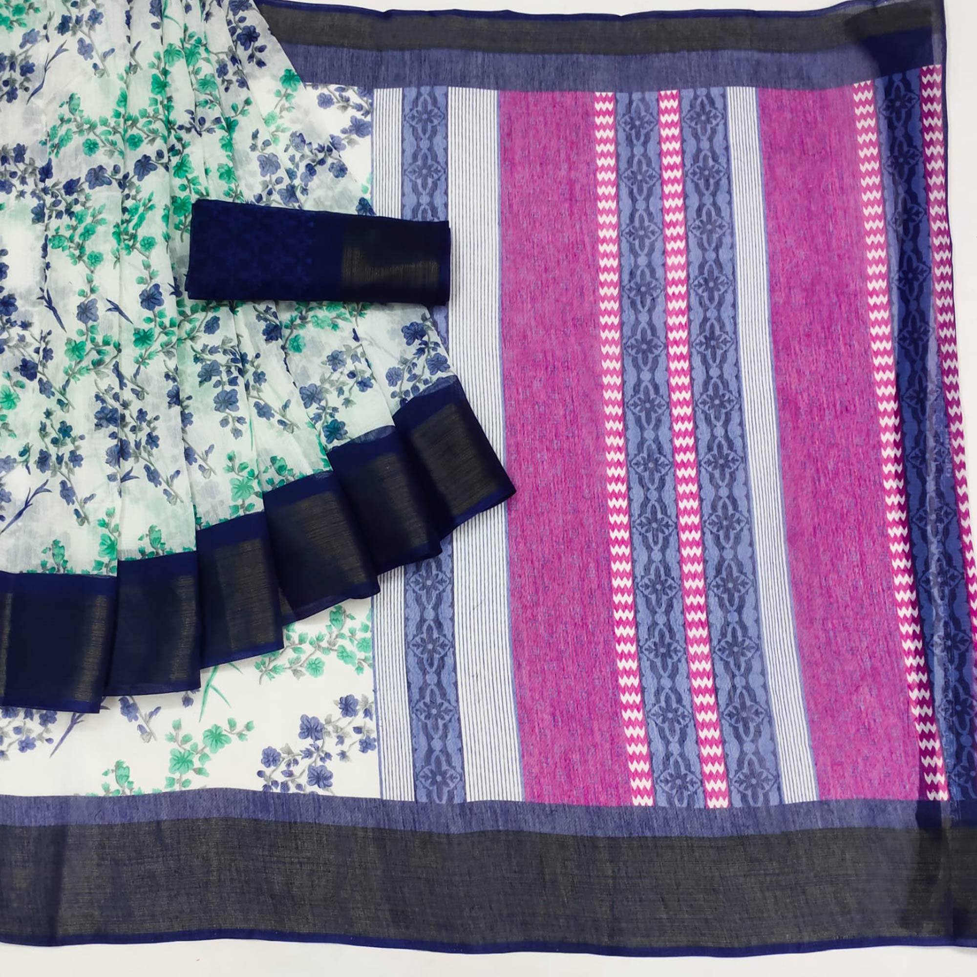 White & Rama Blue Floral Printed Cotton Blend Saree