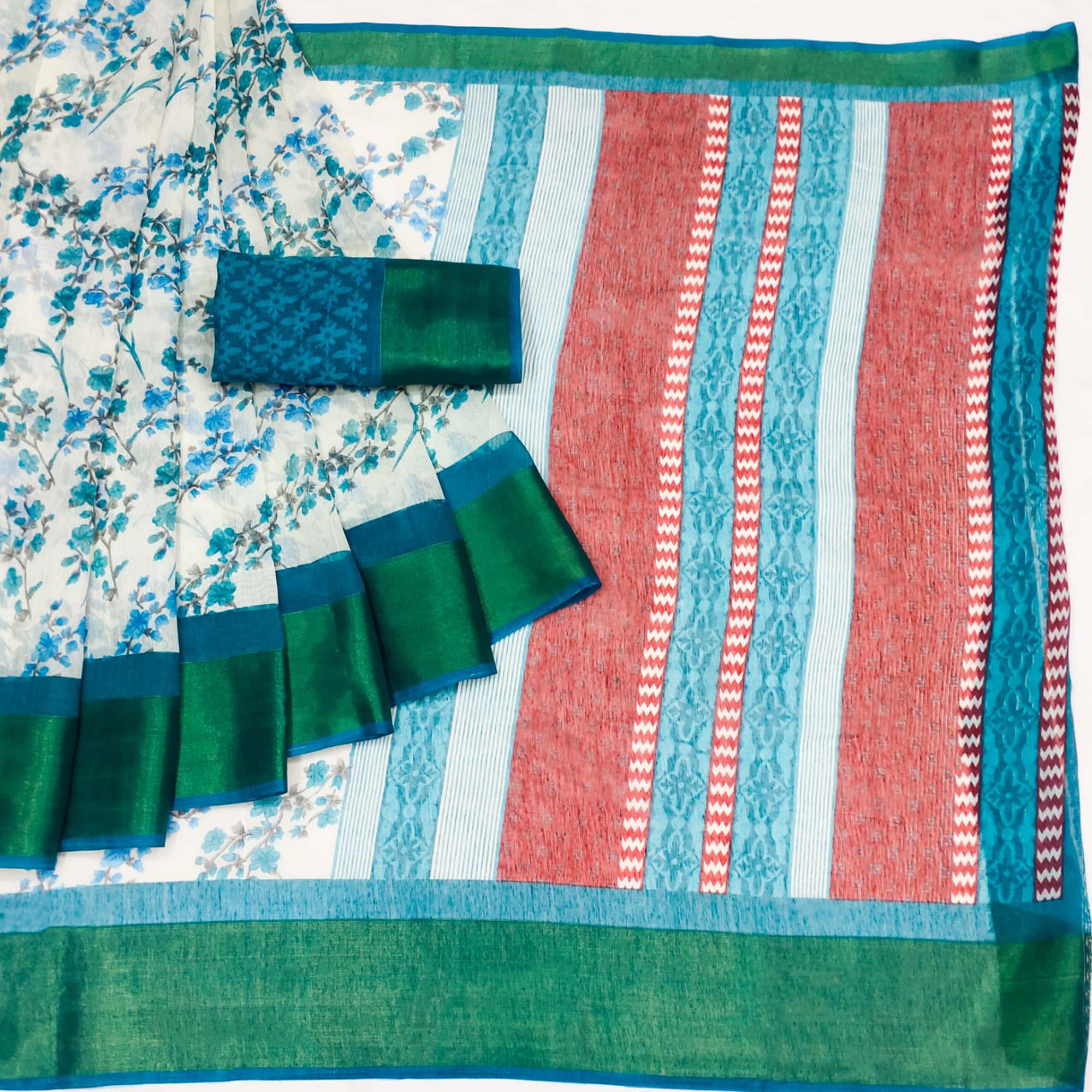 White & Teal Green Floral Printed Cotton Blend Saree