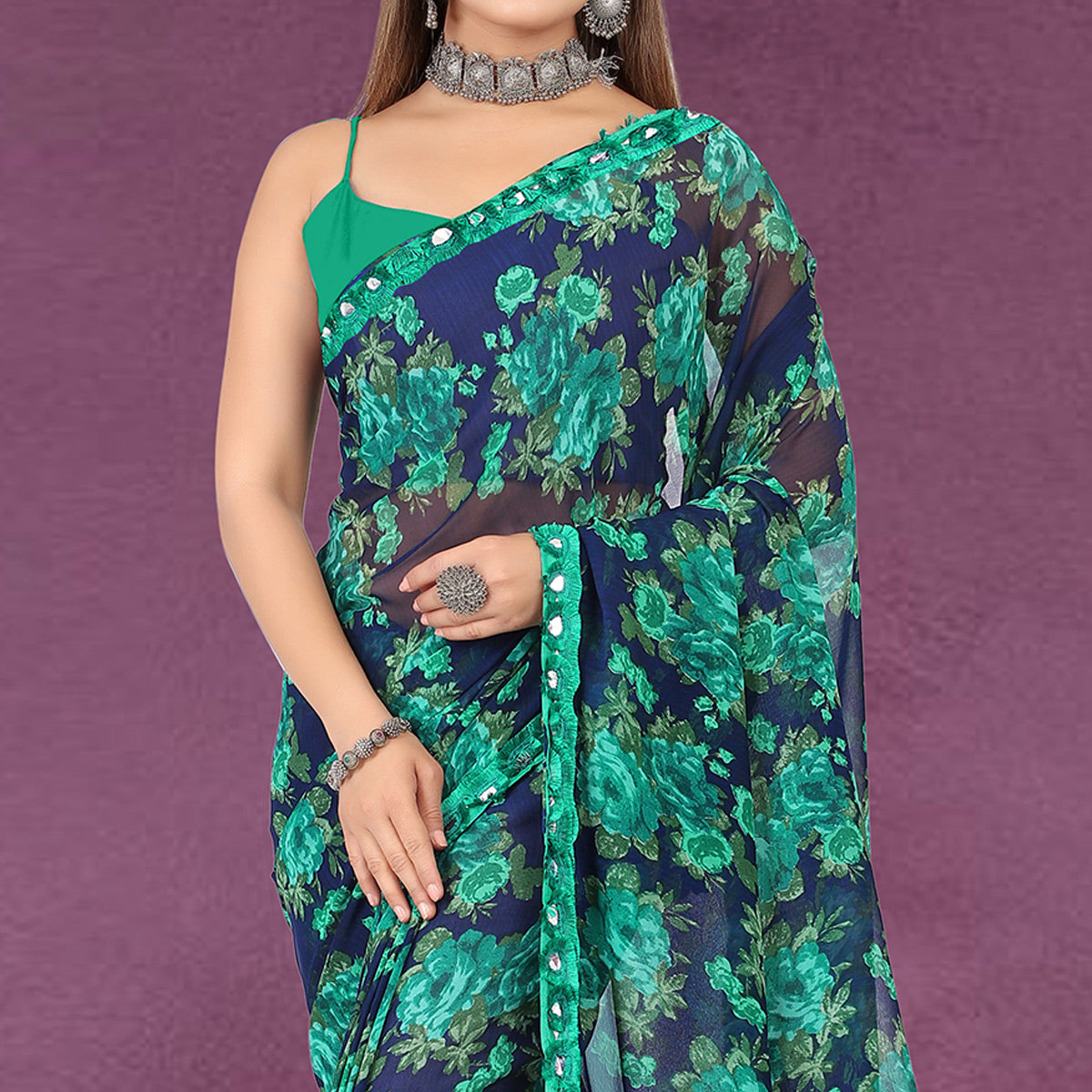 Blue Floral Printed Georgette Saree