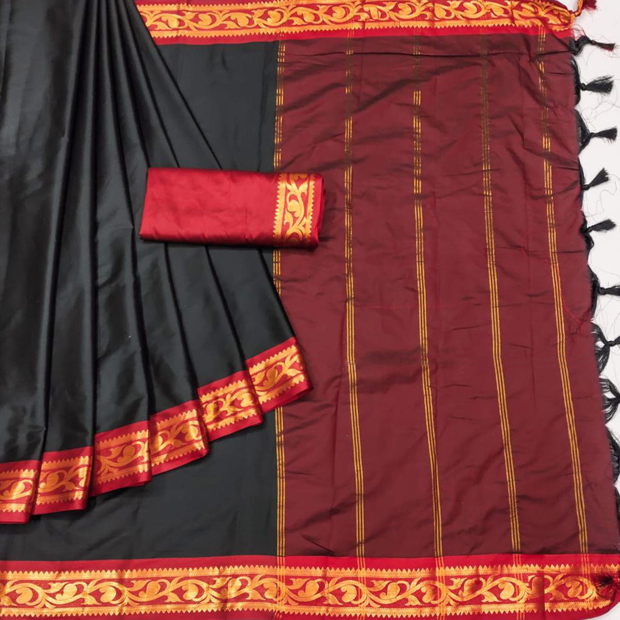 Black Woven Cotton Silk Saree With Tassels