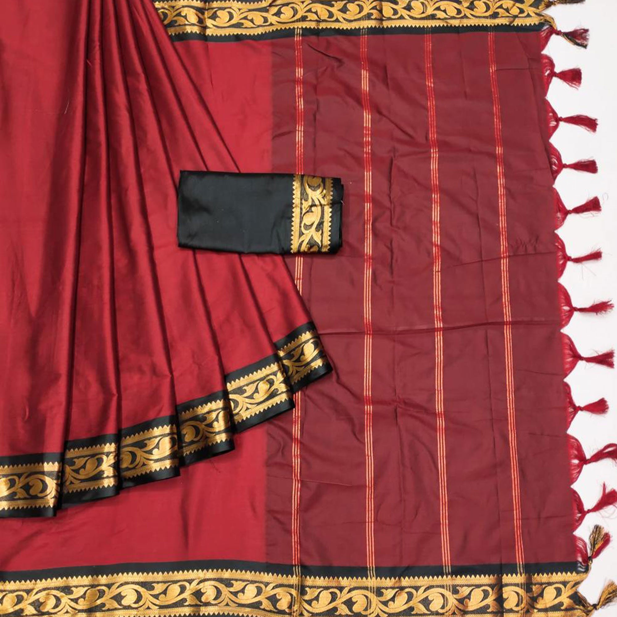 Red Woven Cotton Silk Saree With Tassels