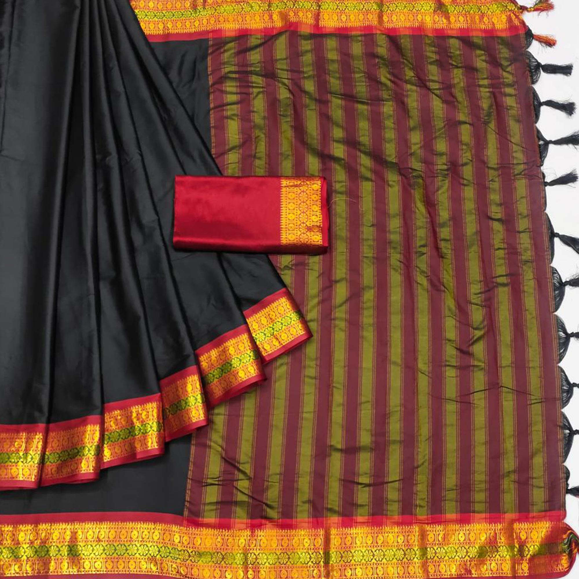Black Woven Cotton Silk Saree With Tassels