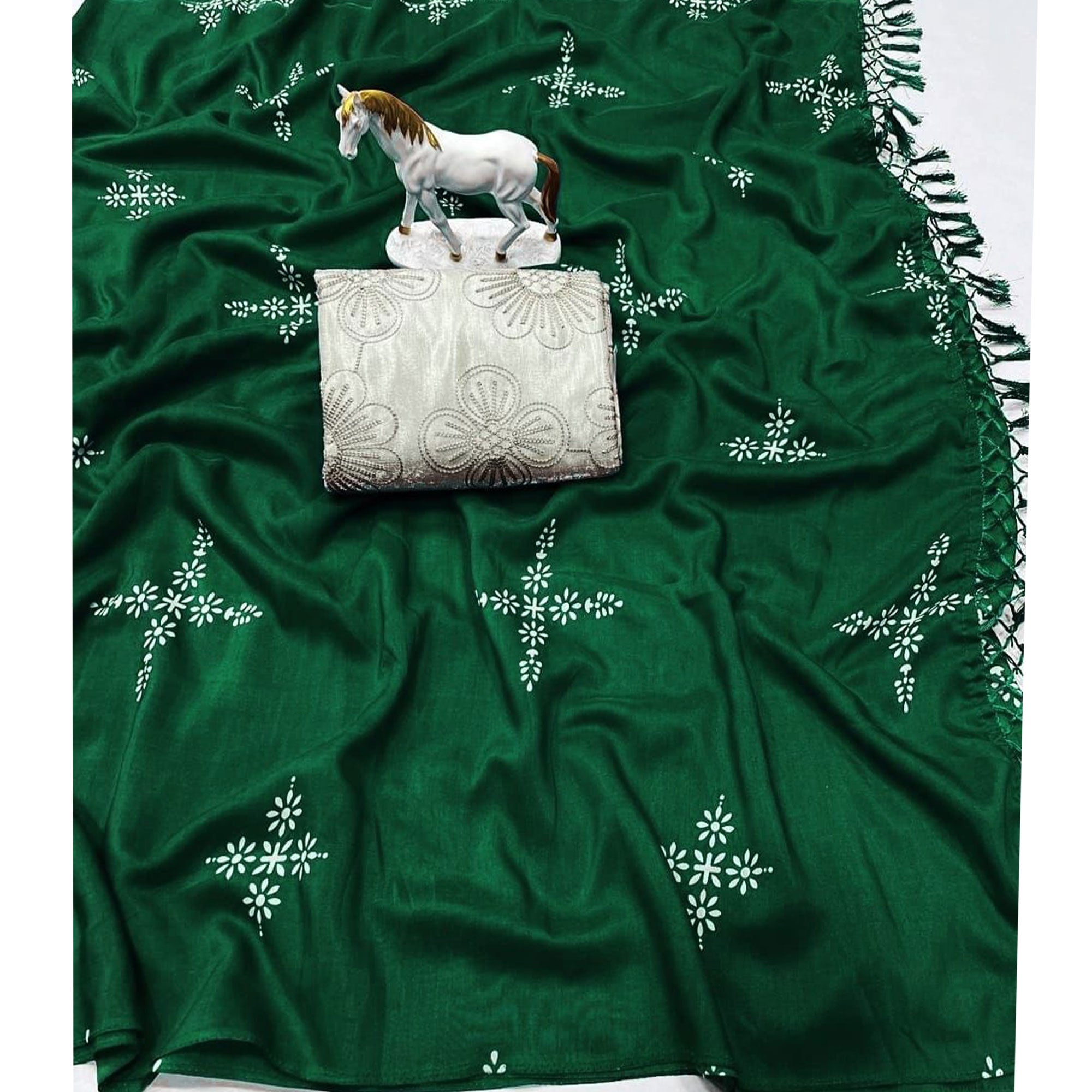 Bottle Green Floral Printed Muslin Saree With Tassels