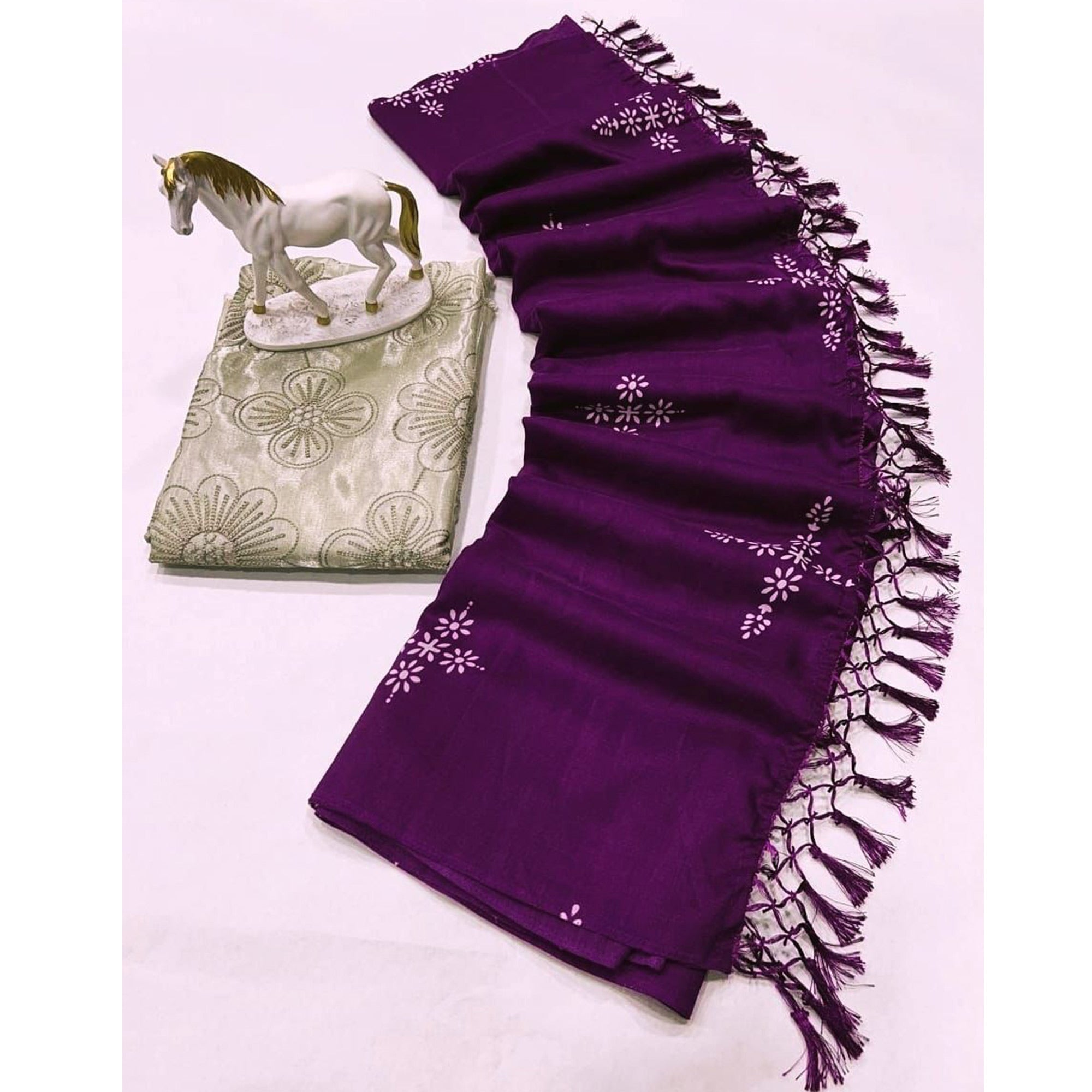 Purple Floral Printed Muslin Saree With Tassels