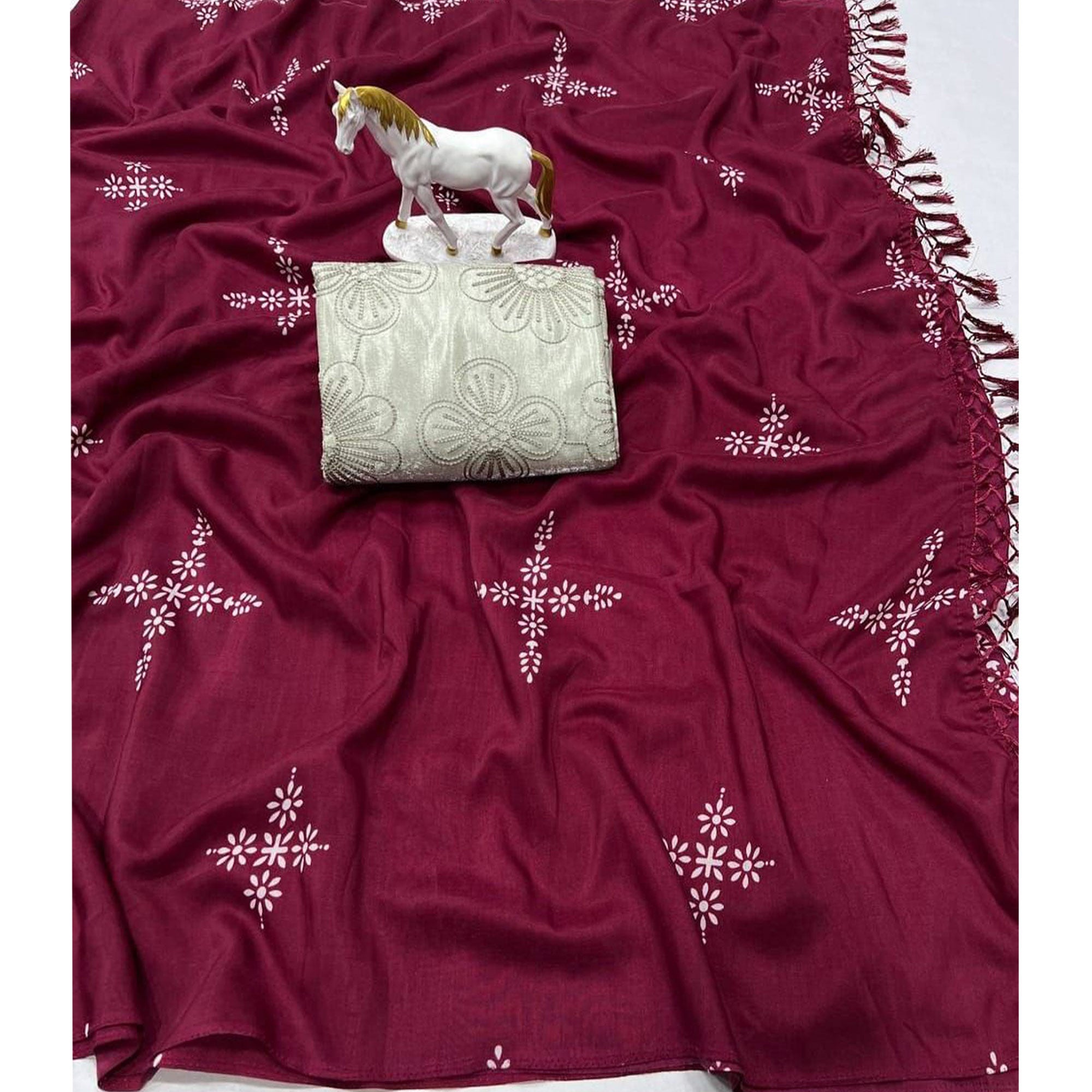 Wine Floral Printed Muslin Saree With Tassels