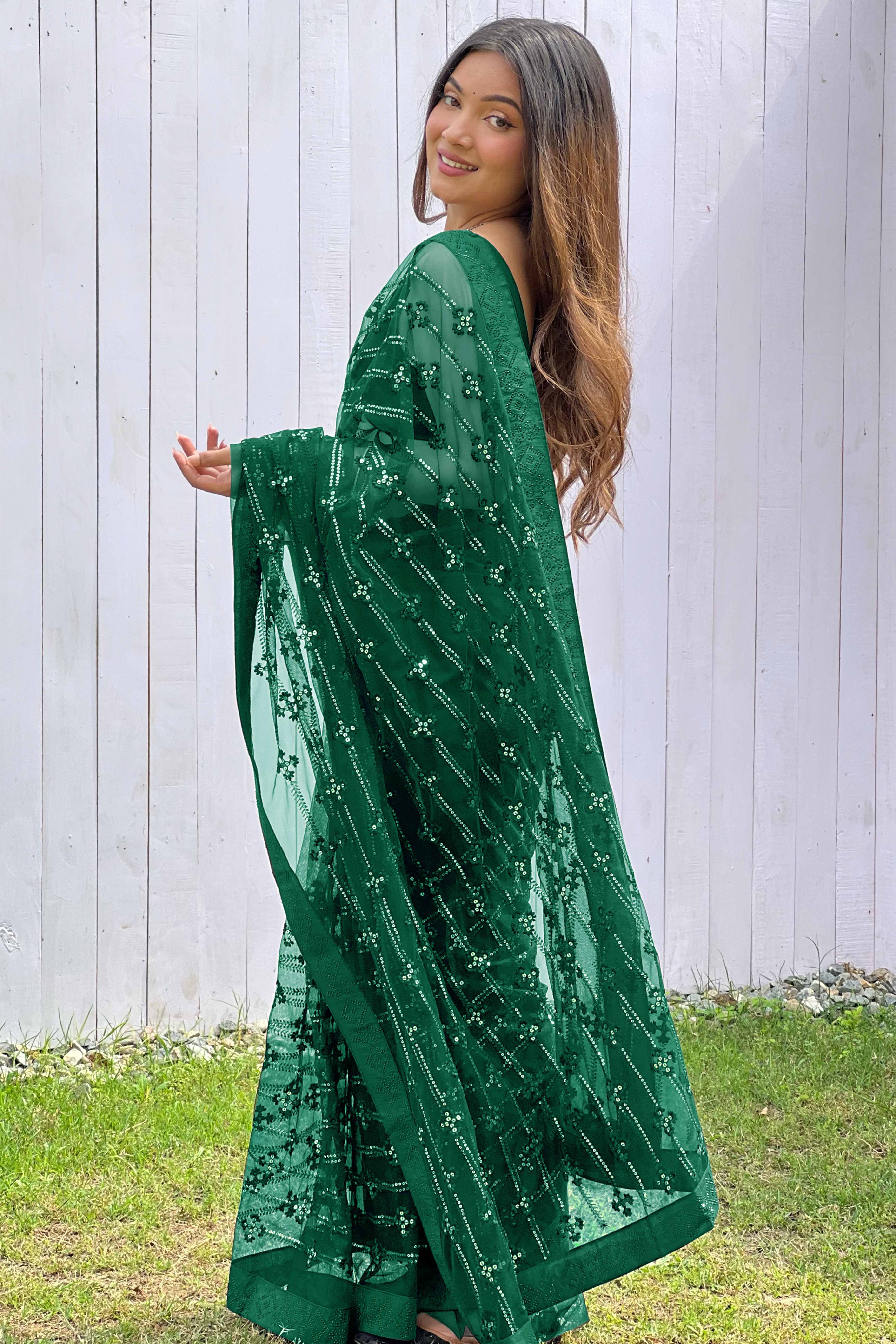 Bottle Green Net Saree Featuring Intricate Thread & Sequins Work With A Luxe Diamond Border