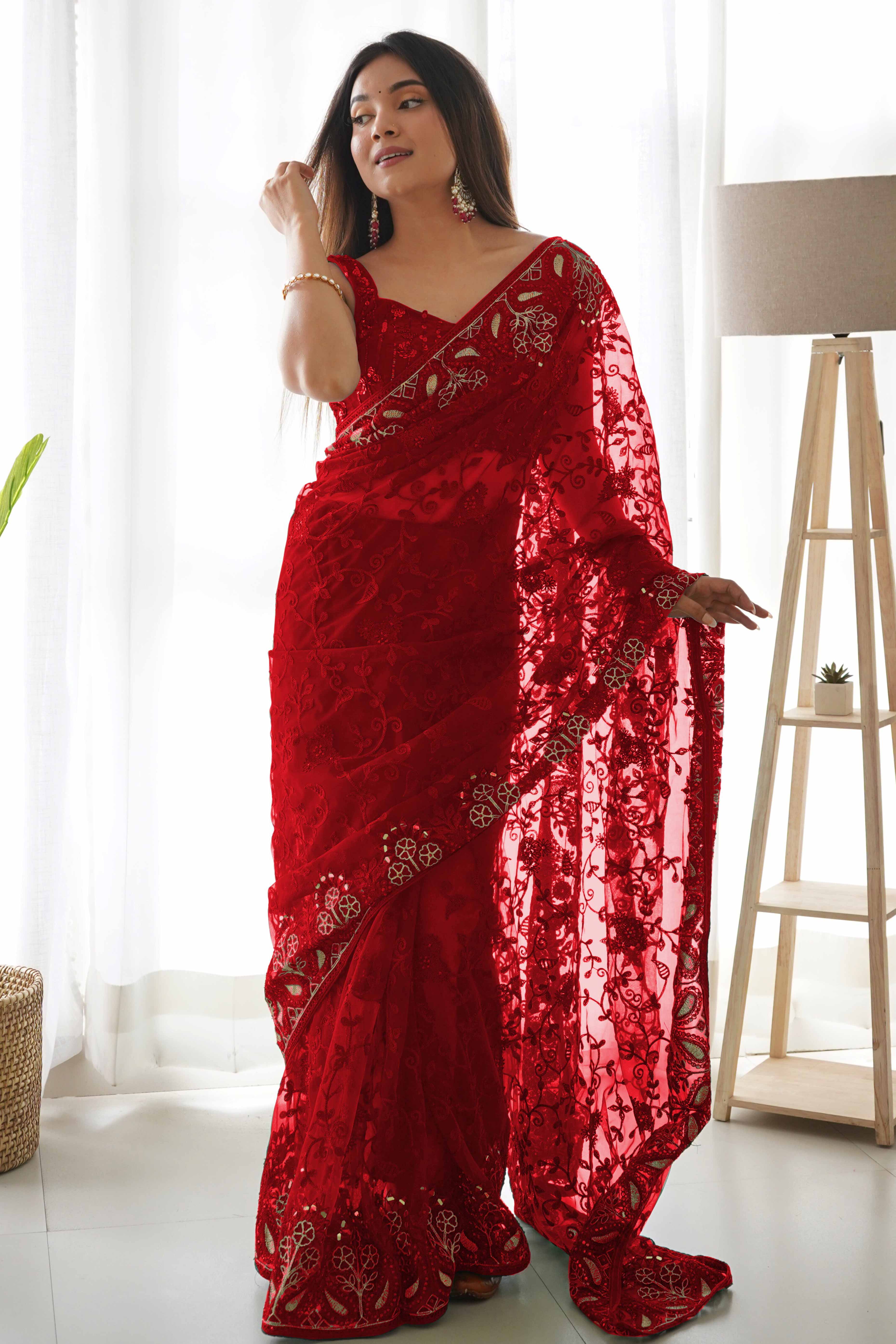Maroon Net Saree With Floral Thread Embroidery Adorned In Stone & Mirror Accents