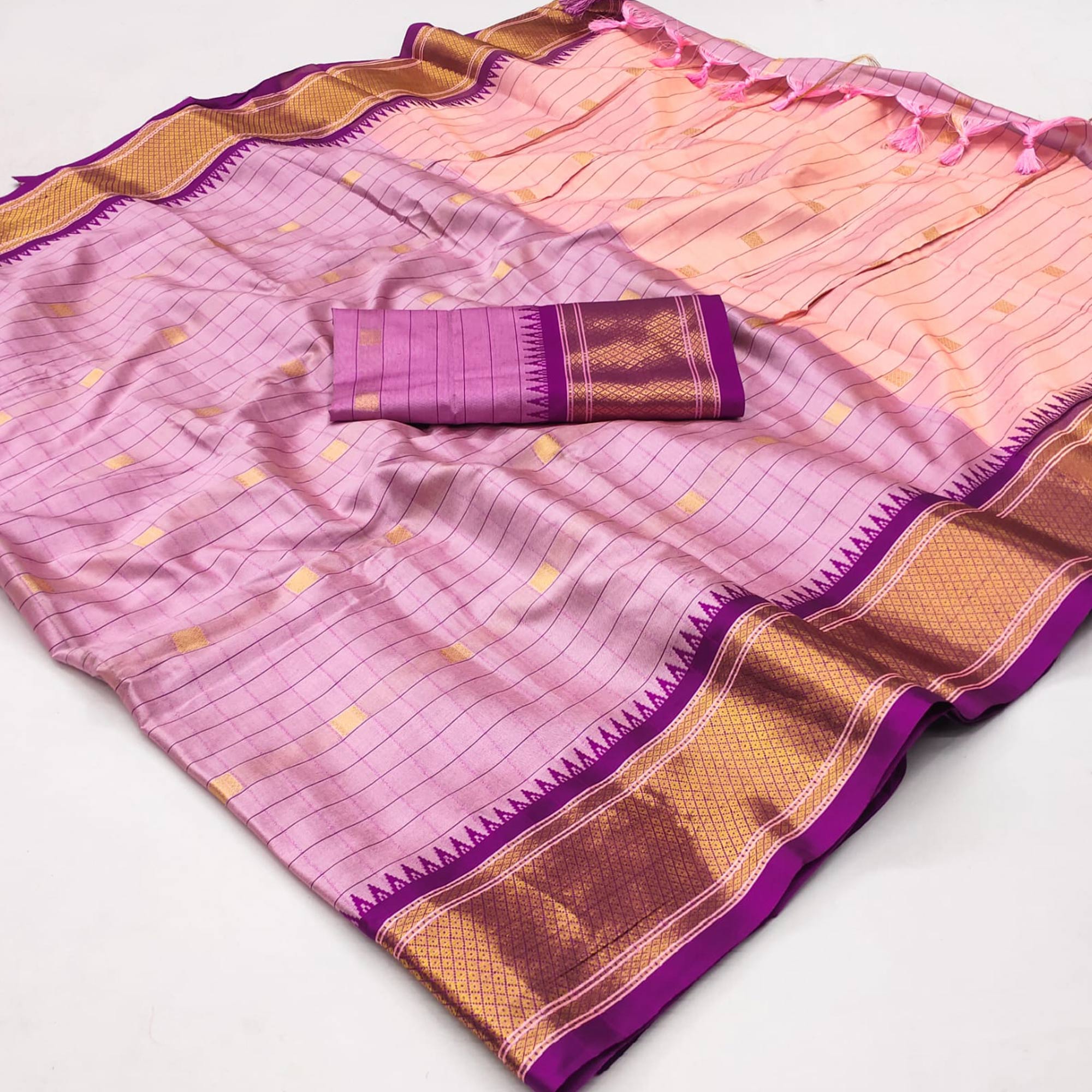 Baby Pink & Purple Woven Cotton Silk Saree With Tassels