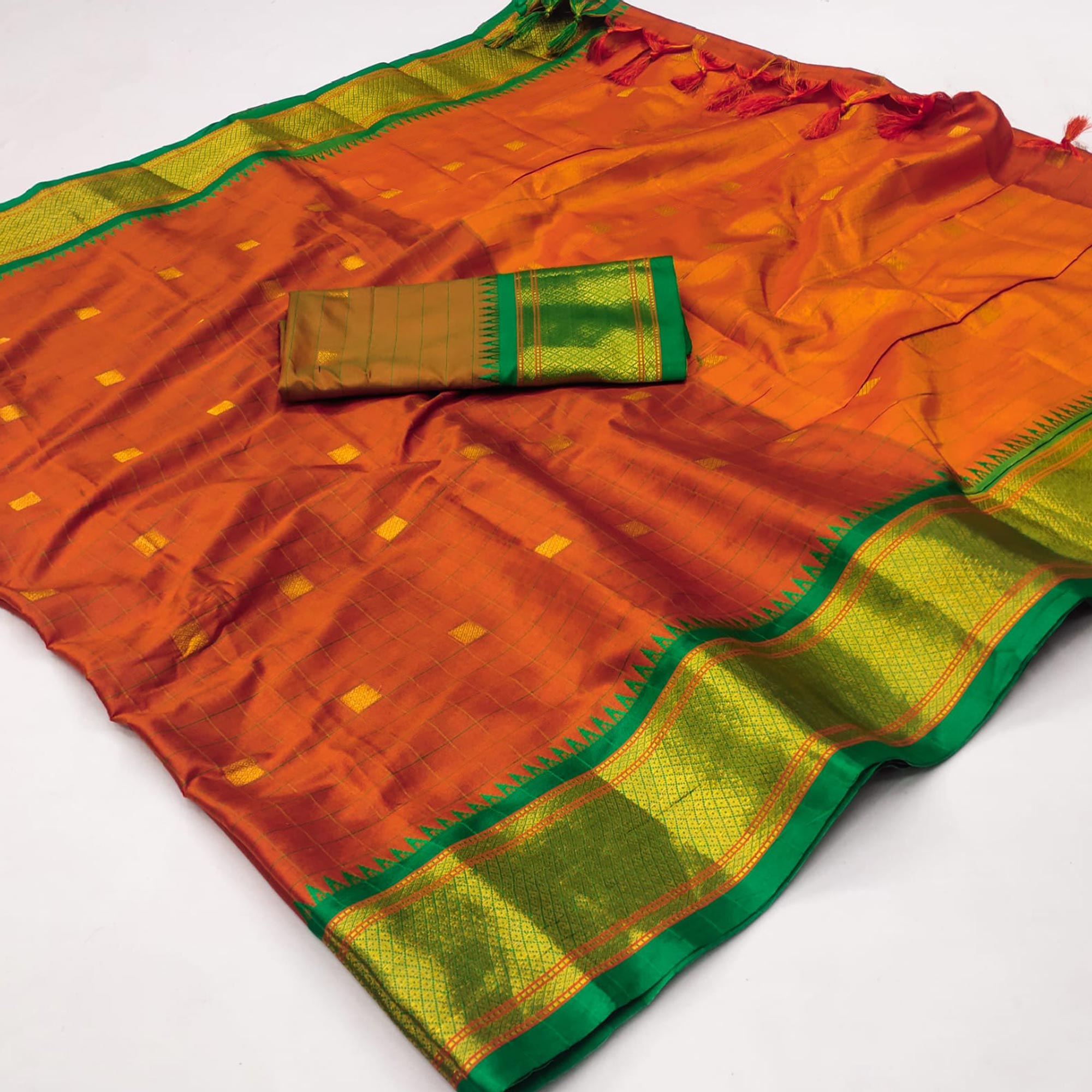 Rust & Green Woven Cotton Silk Saree With Tassels
