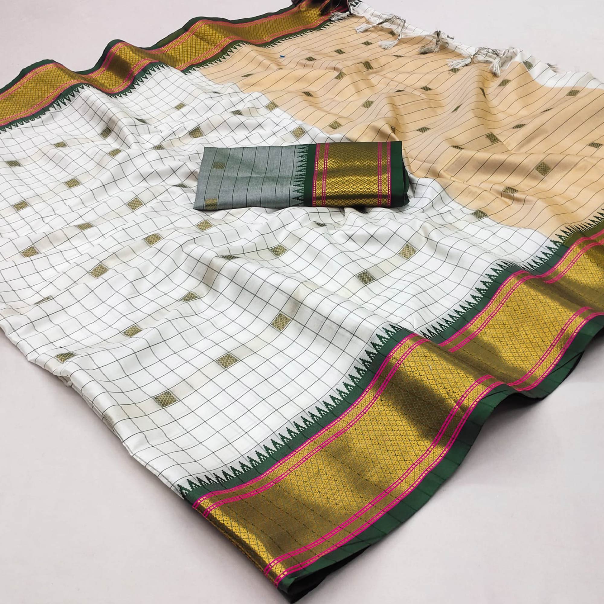 White & Green Woven Cotton Silk Saree With Tassels