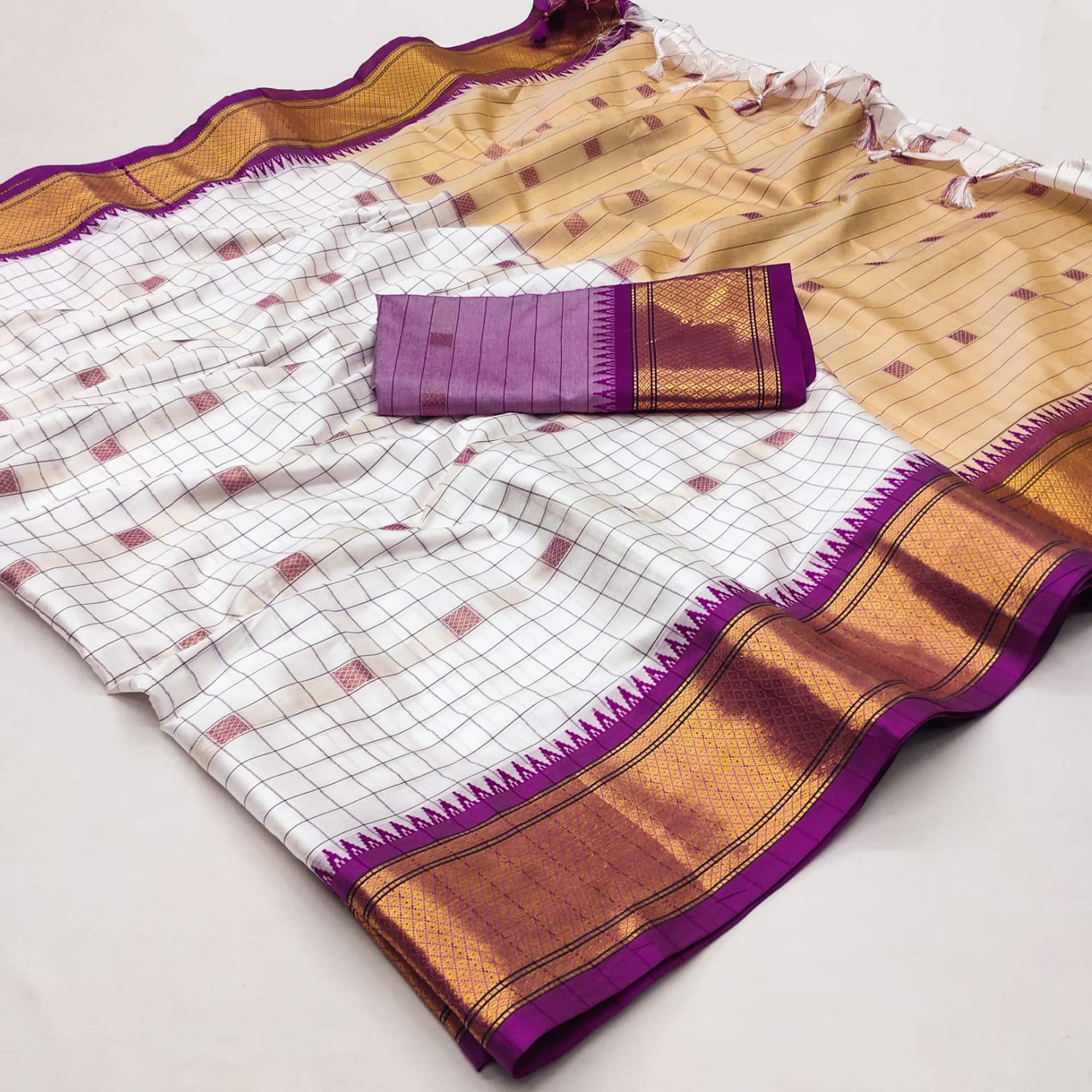White & Purple Woven Cotton Silk Saree With Tassels