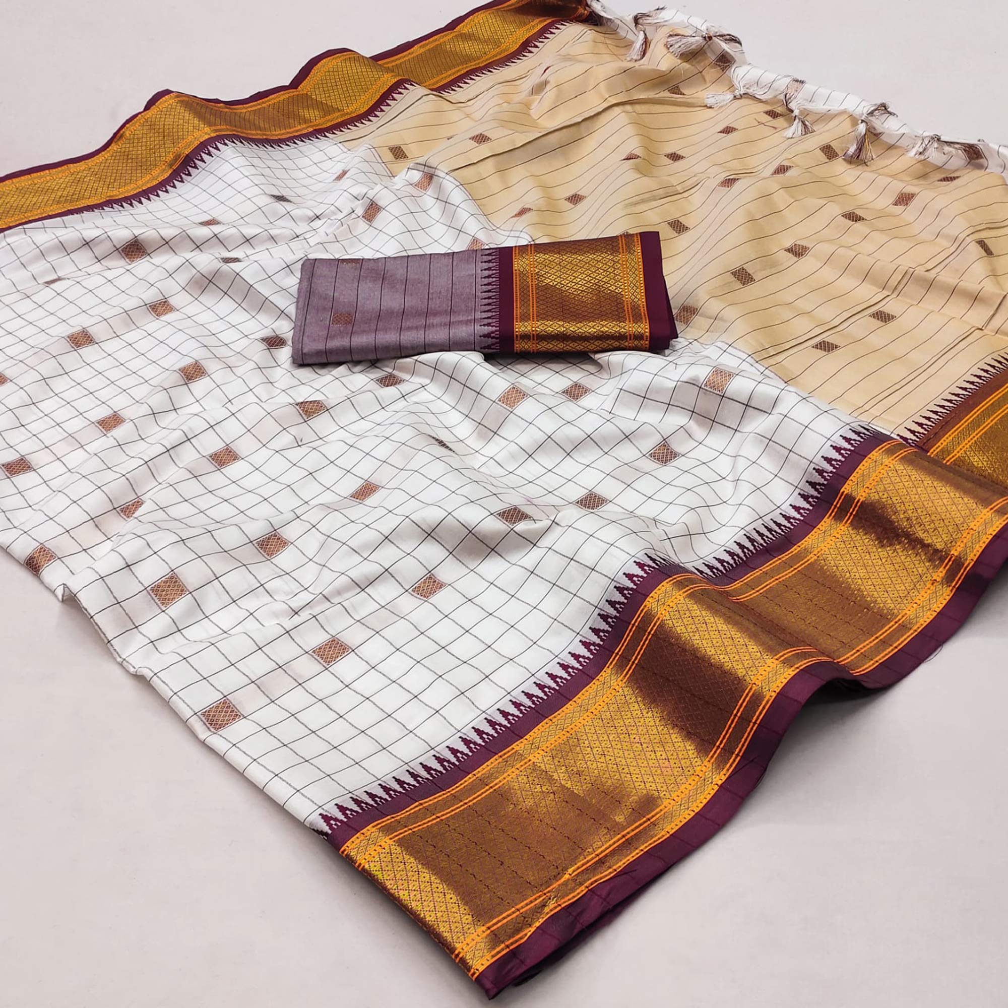 White & Wine Woven Cotton Silk Saree With Tassels
