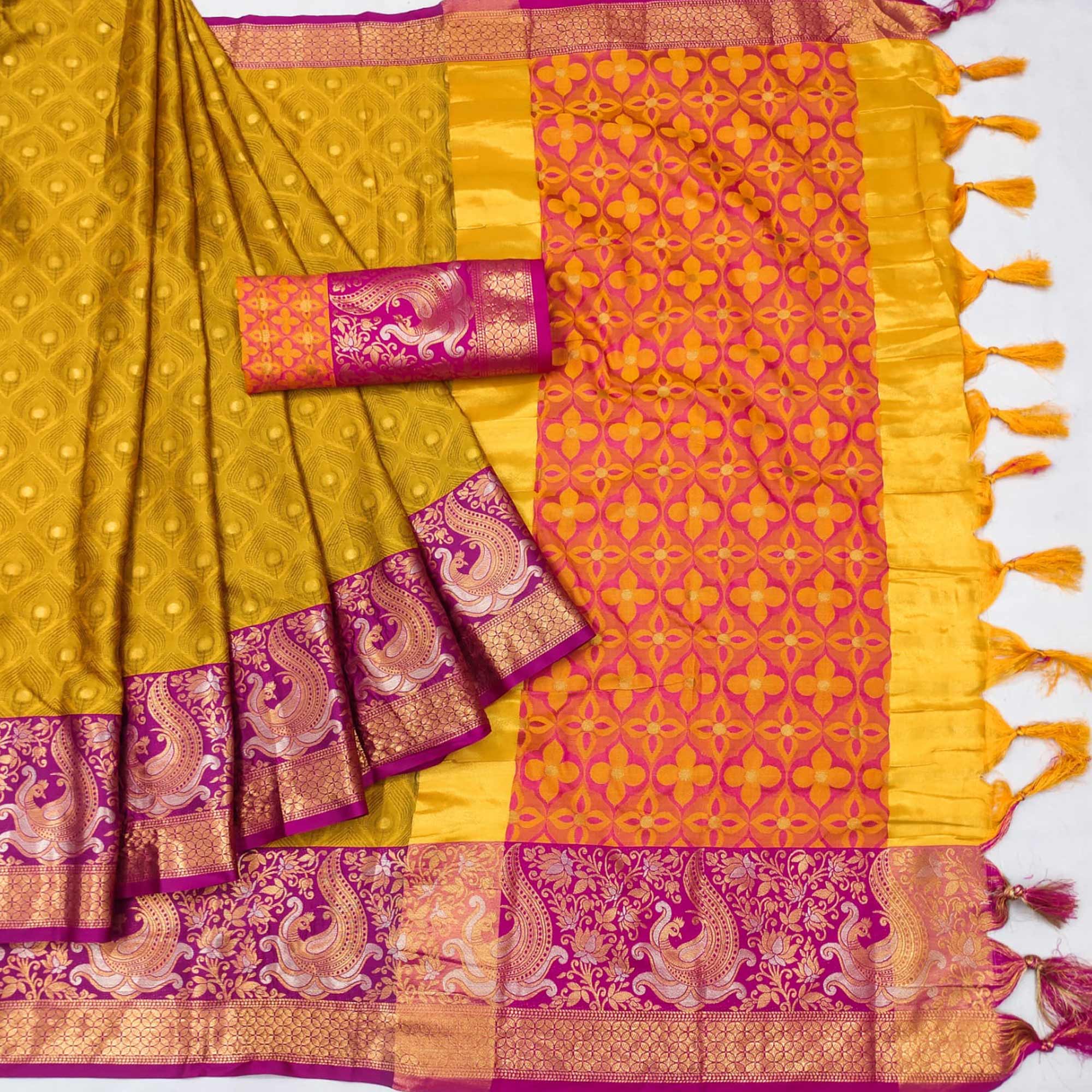 Gold Woven Cotton Silk Saree With Tassels