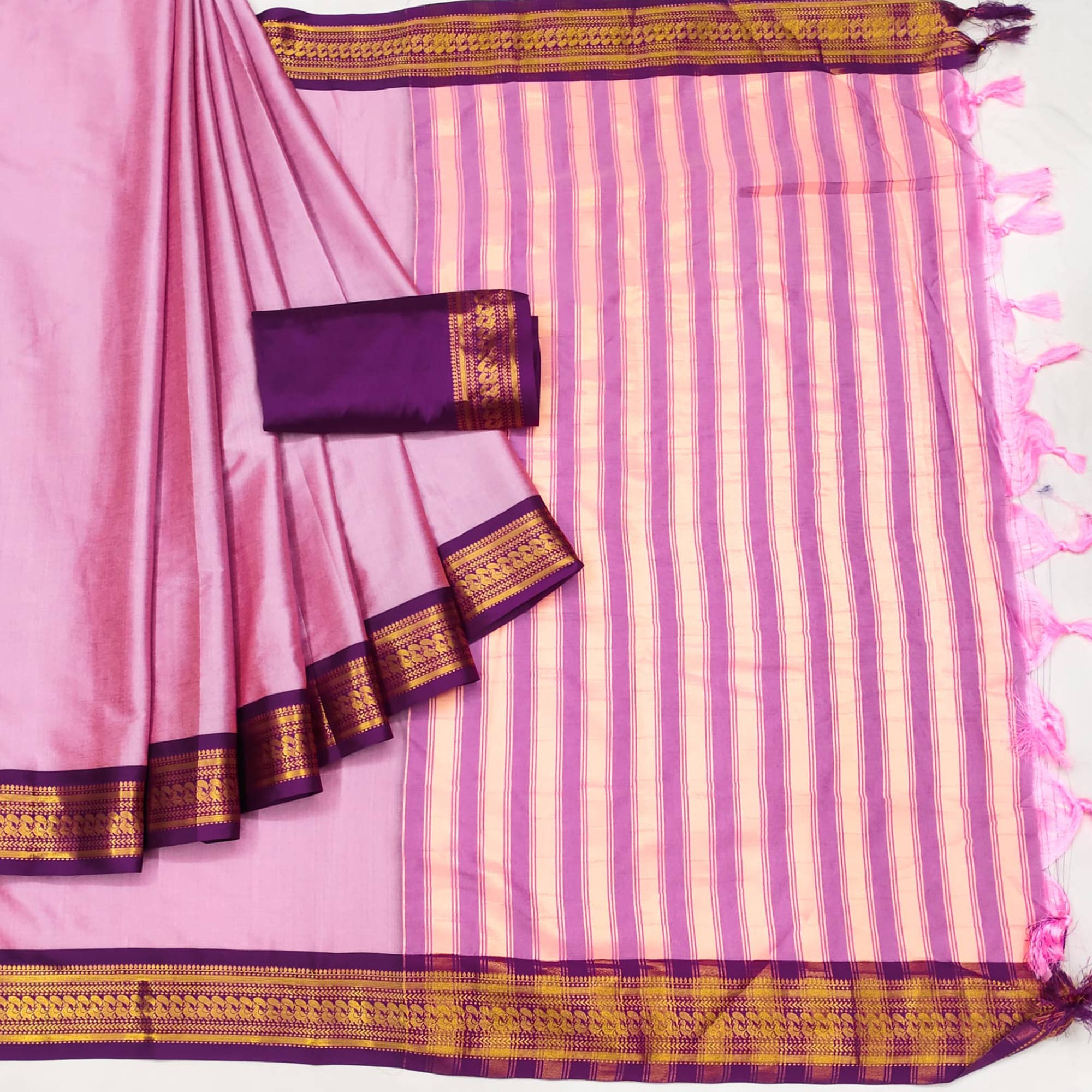 Baby Pink Solid Cotton Silk Saree With Jacquard Border