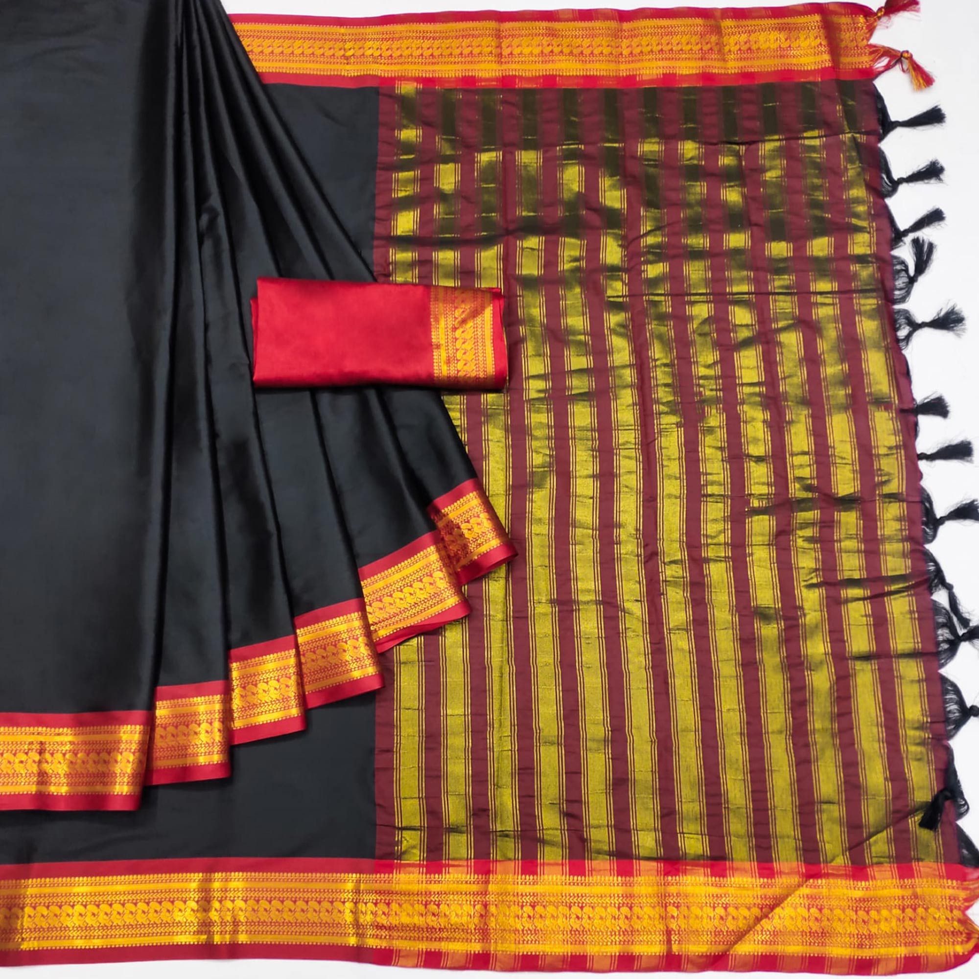 Black Solid Cotton Silk Saree With Jacquard Border