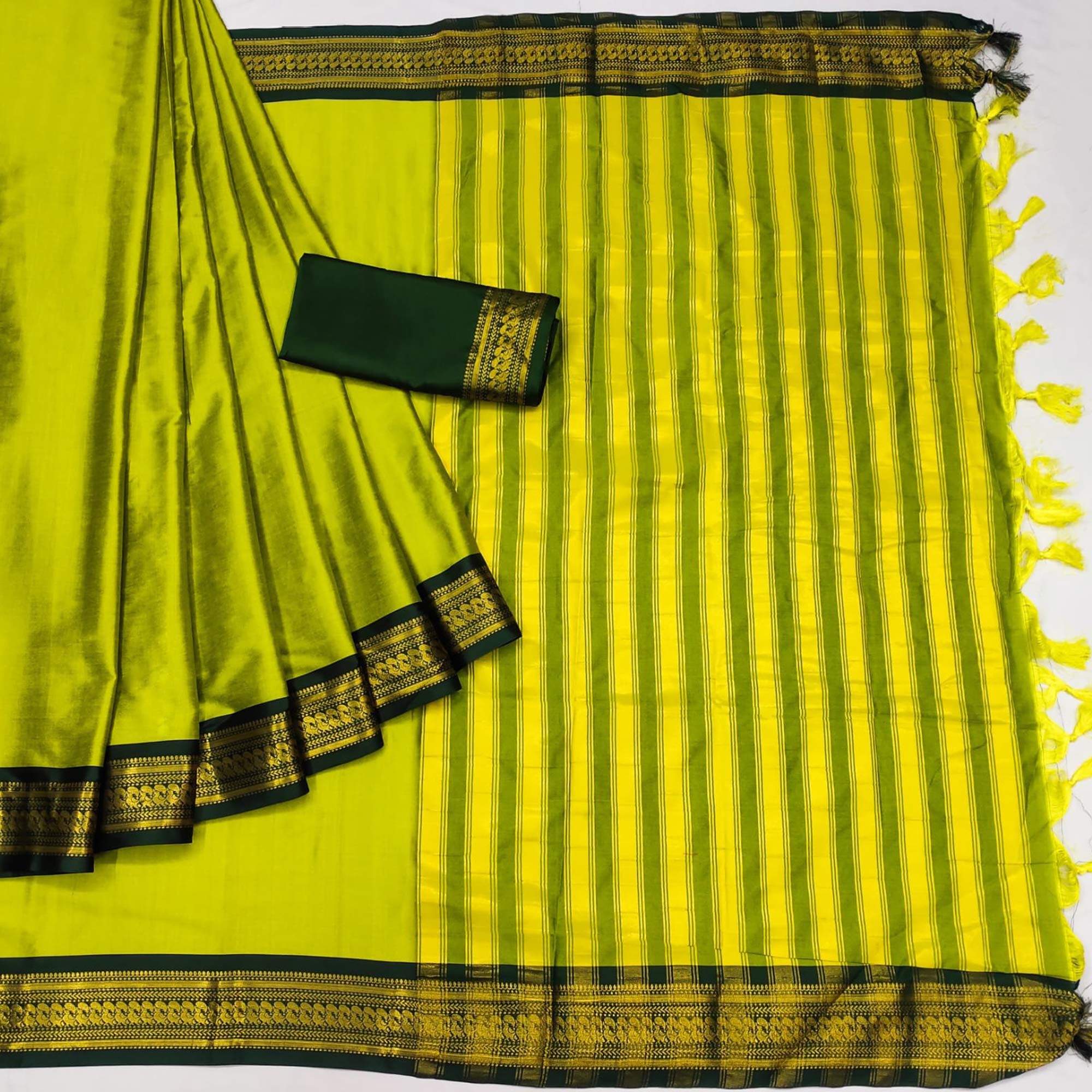 Lemon Green Solid Cotton Silk Saree With Jacquard Border