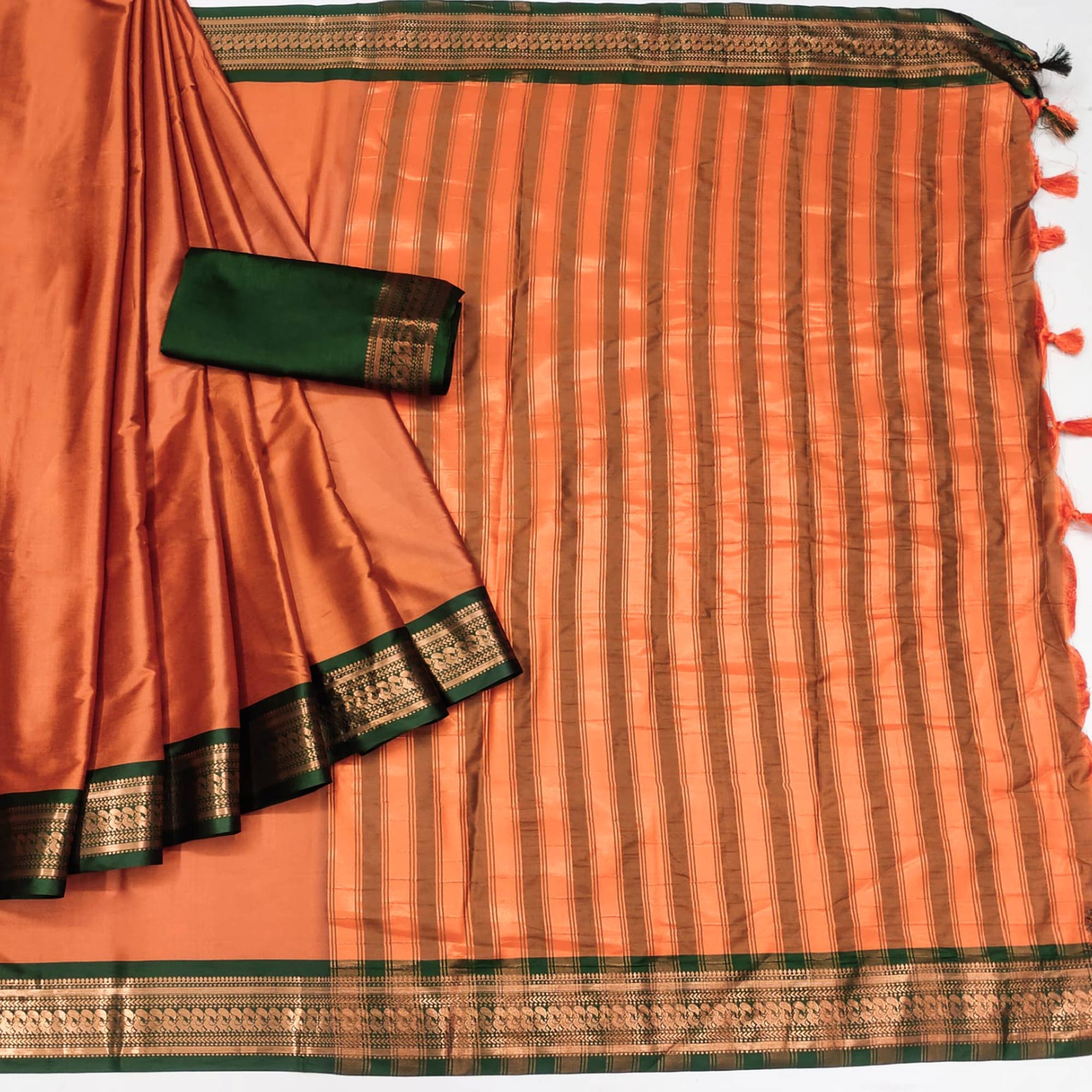 Orange Solid Cotton Silk Saree With Jacquard Border