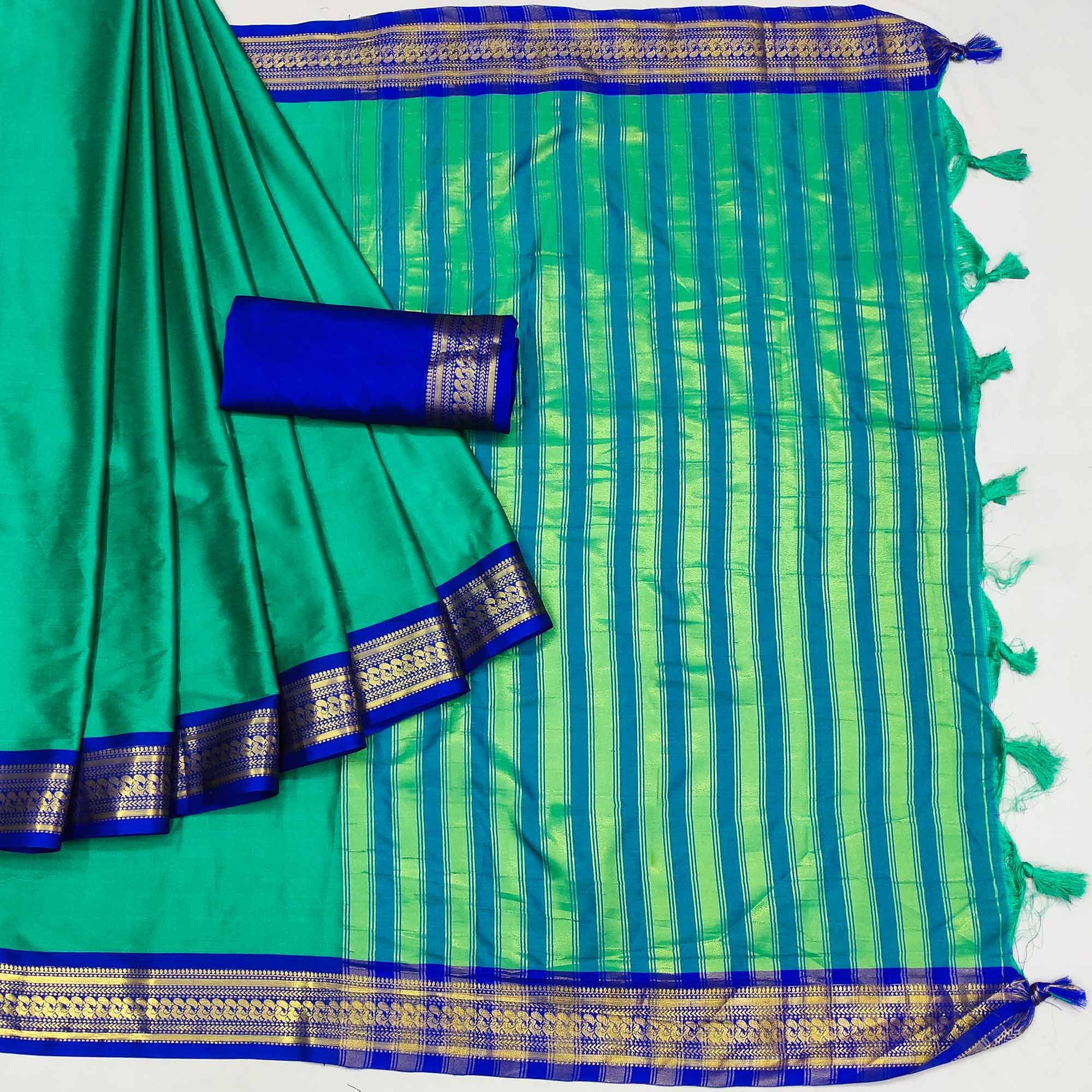 Rama Green Solid Cotton Silk Saree With Jacquard Border