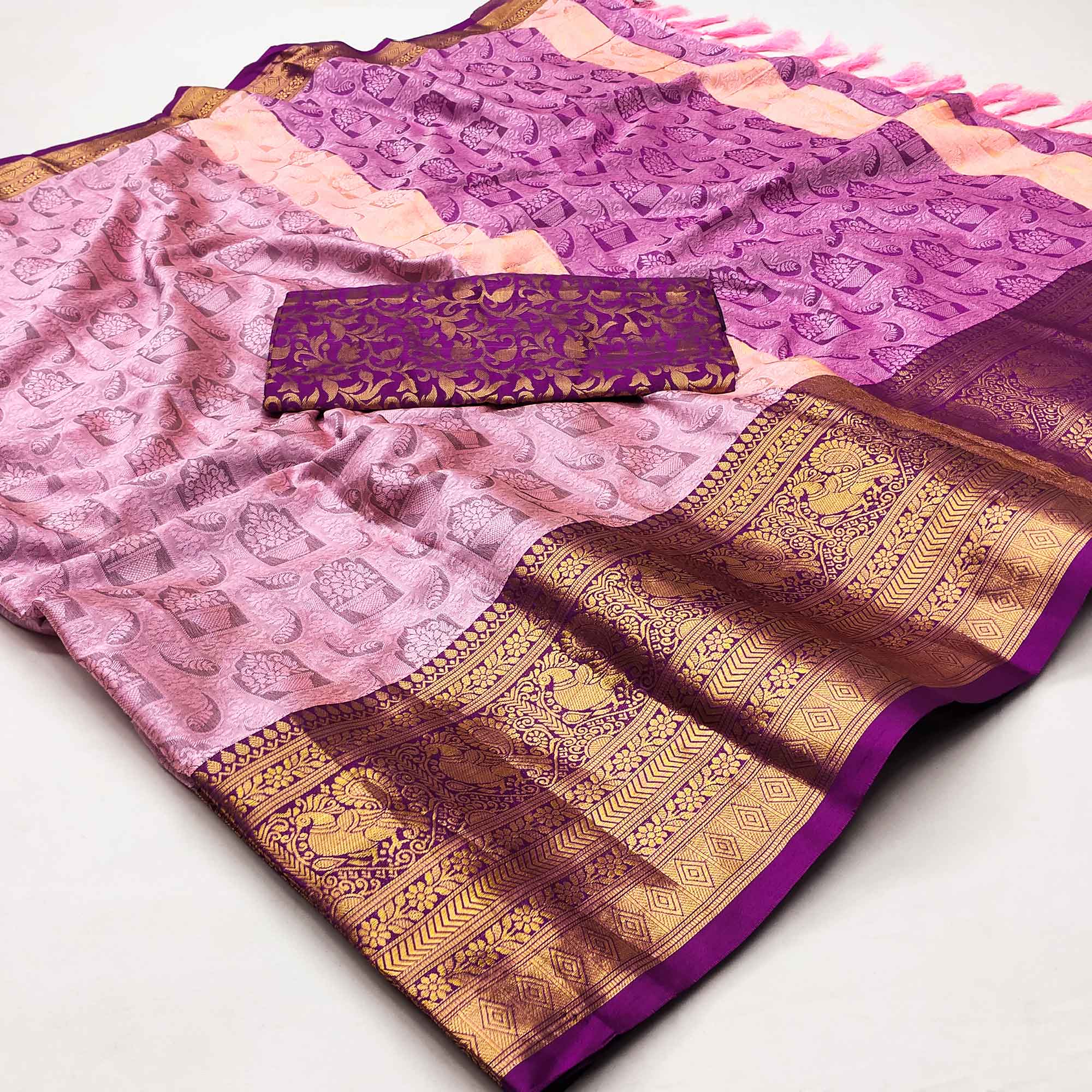 Pink Woven Cotton Silk Saree With Tassels