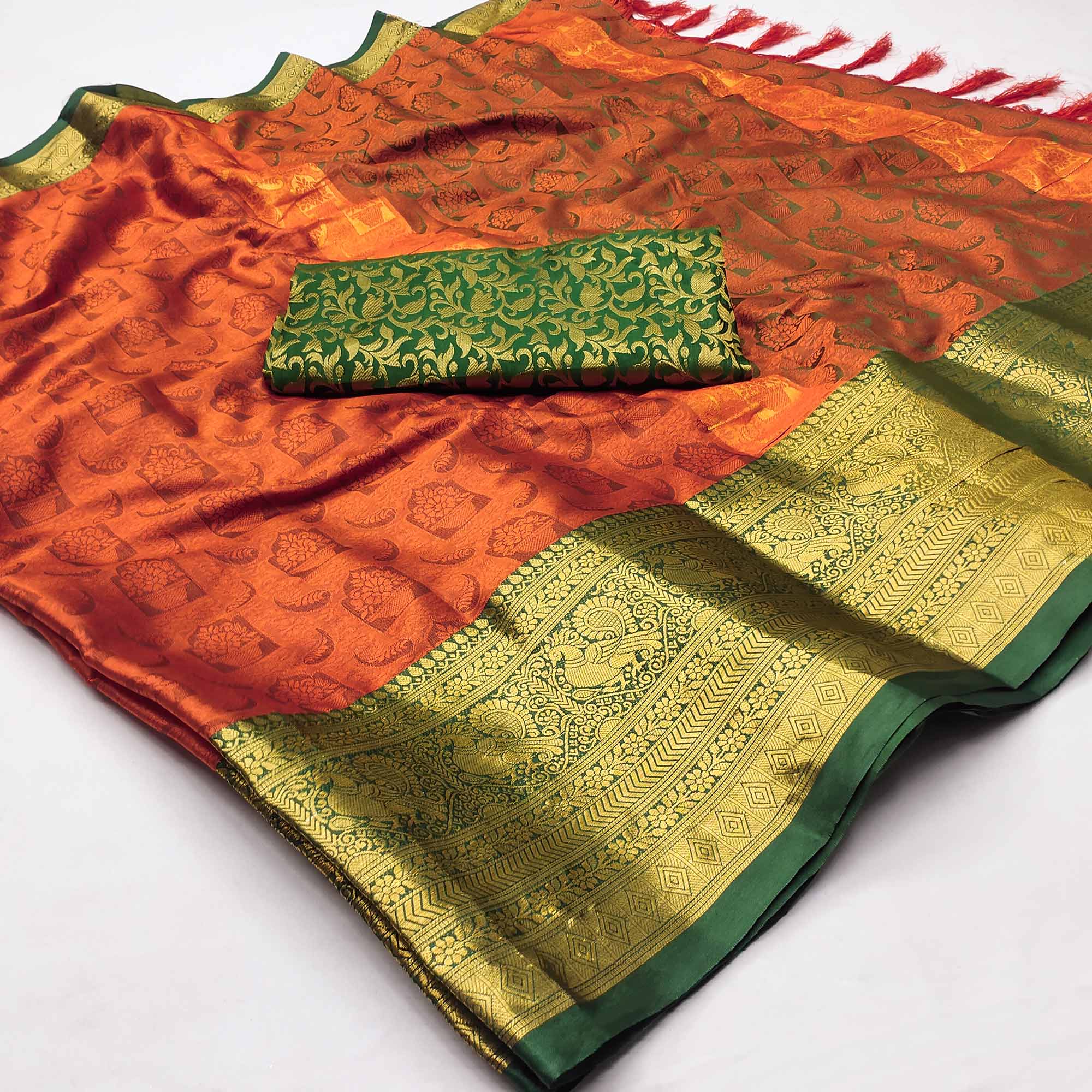 Rust Red Woven Cotton Silk Saree With Tassels