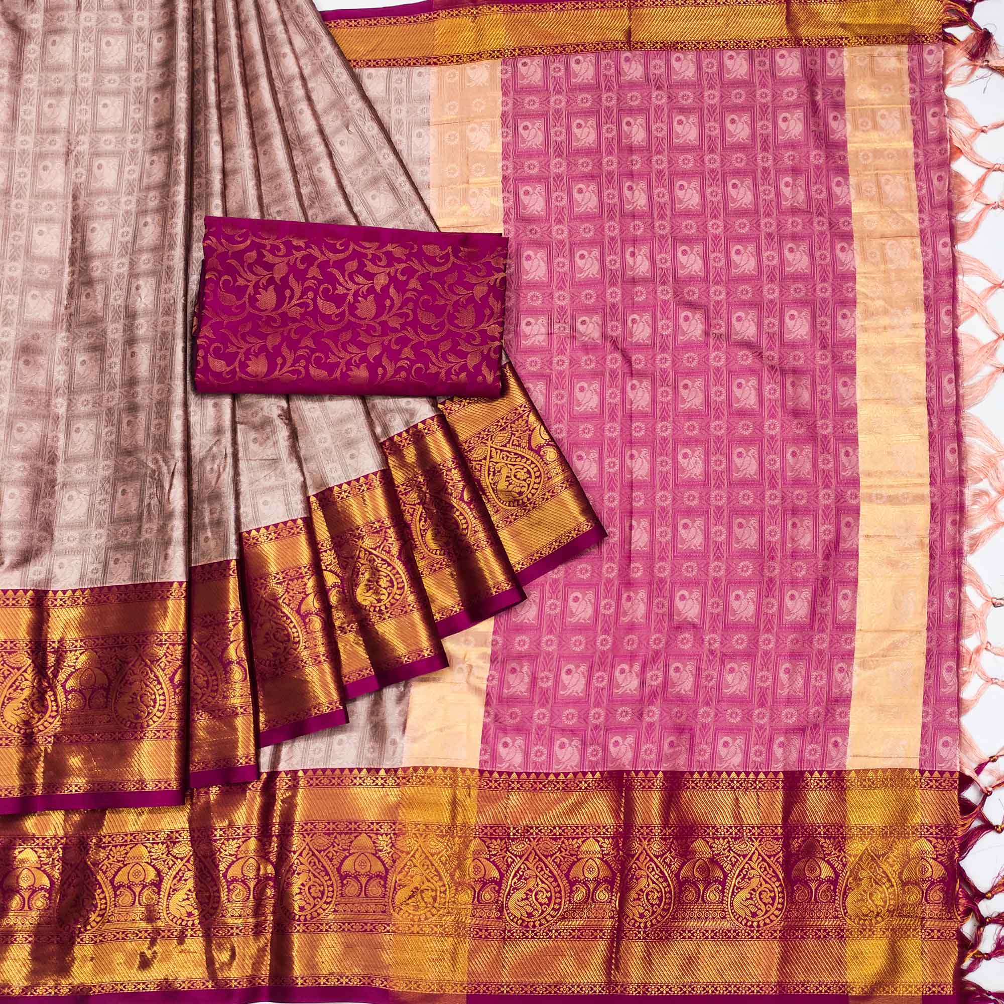 Pink Woven Cotton Silk Saree With Tassels