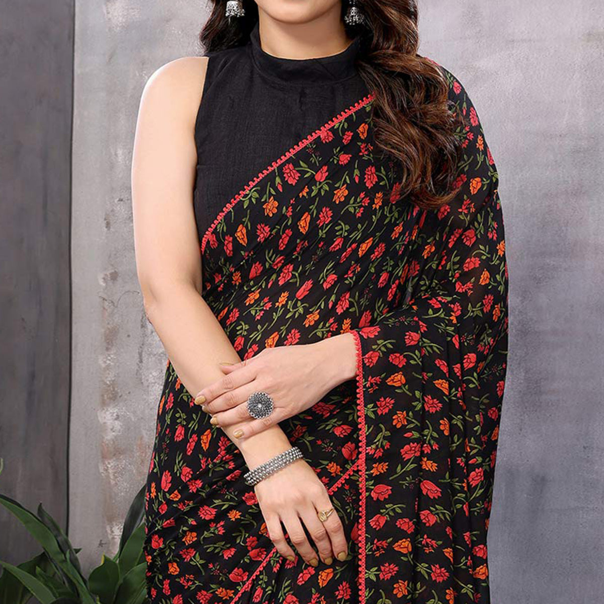 Black Floral Printed Georgette Ready To Wear Saree