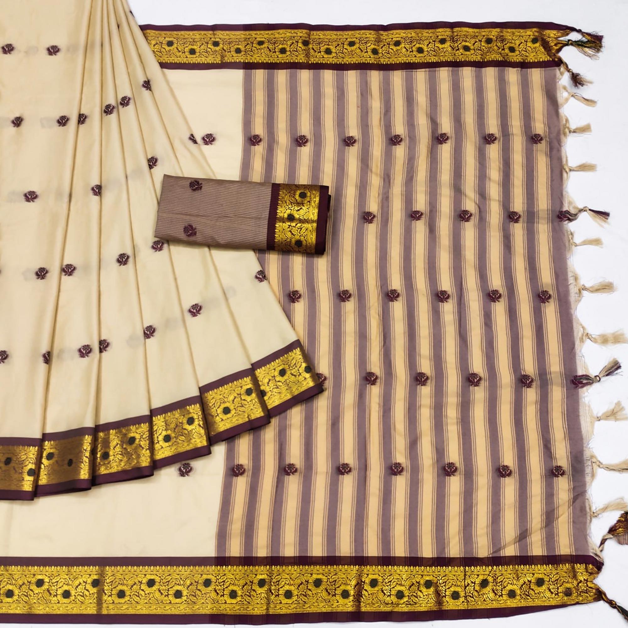 Beige & Brown Woven Cotton Silk Saree With Tassels