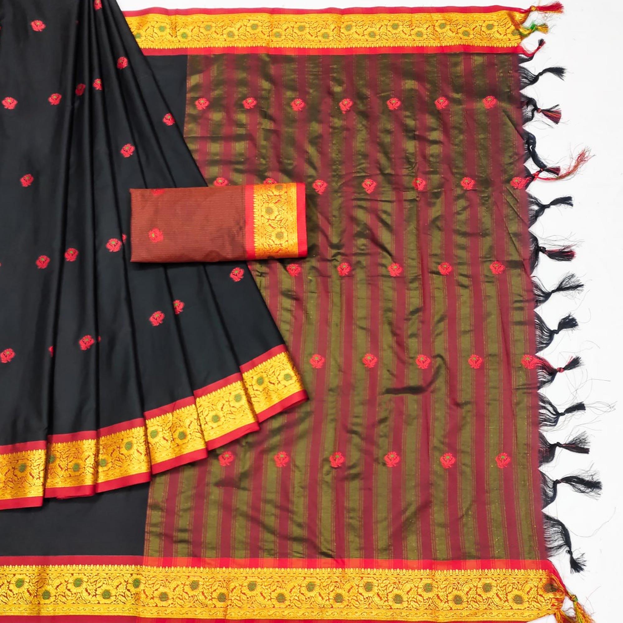 Black Woven Cotton Silk Saree With Tassels