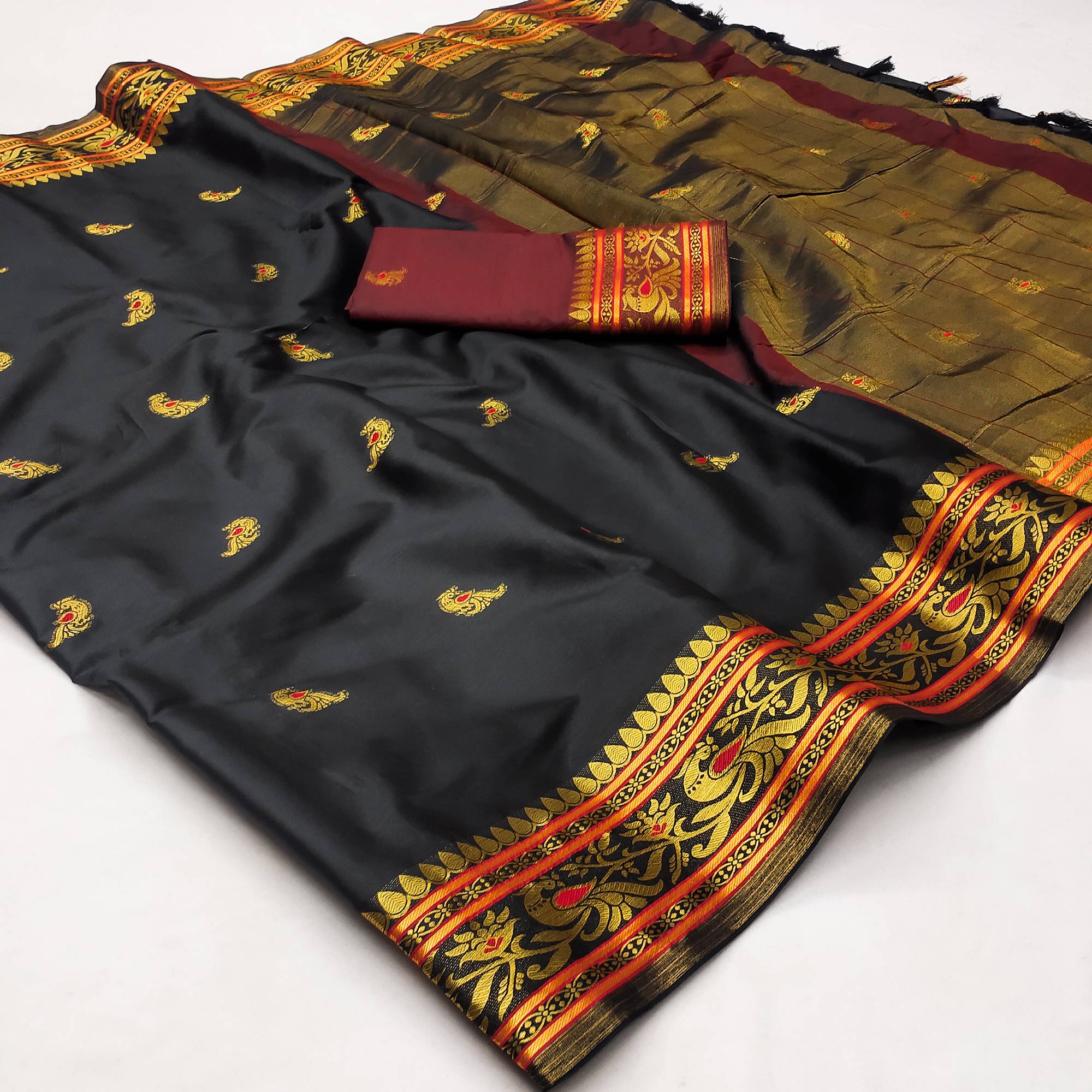 Black Butti Work Woven Cotton Silk Saree