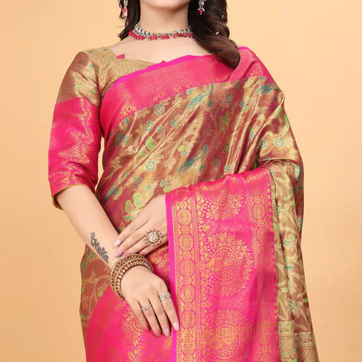 Rani Pink Floral Woven Tissue Silk Saree With Tassels