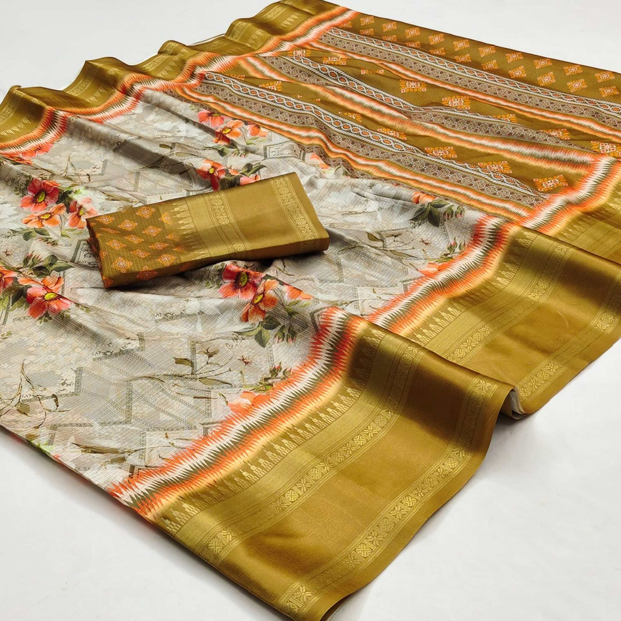 Mustard Floral Digital Printed Cotton Silk Saree