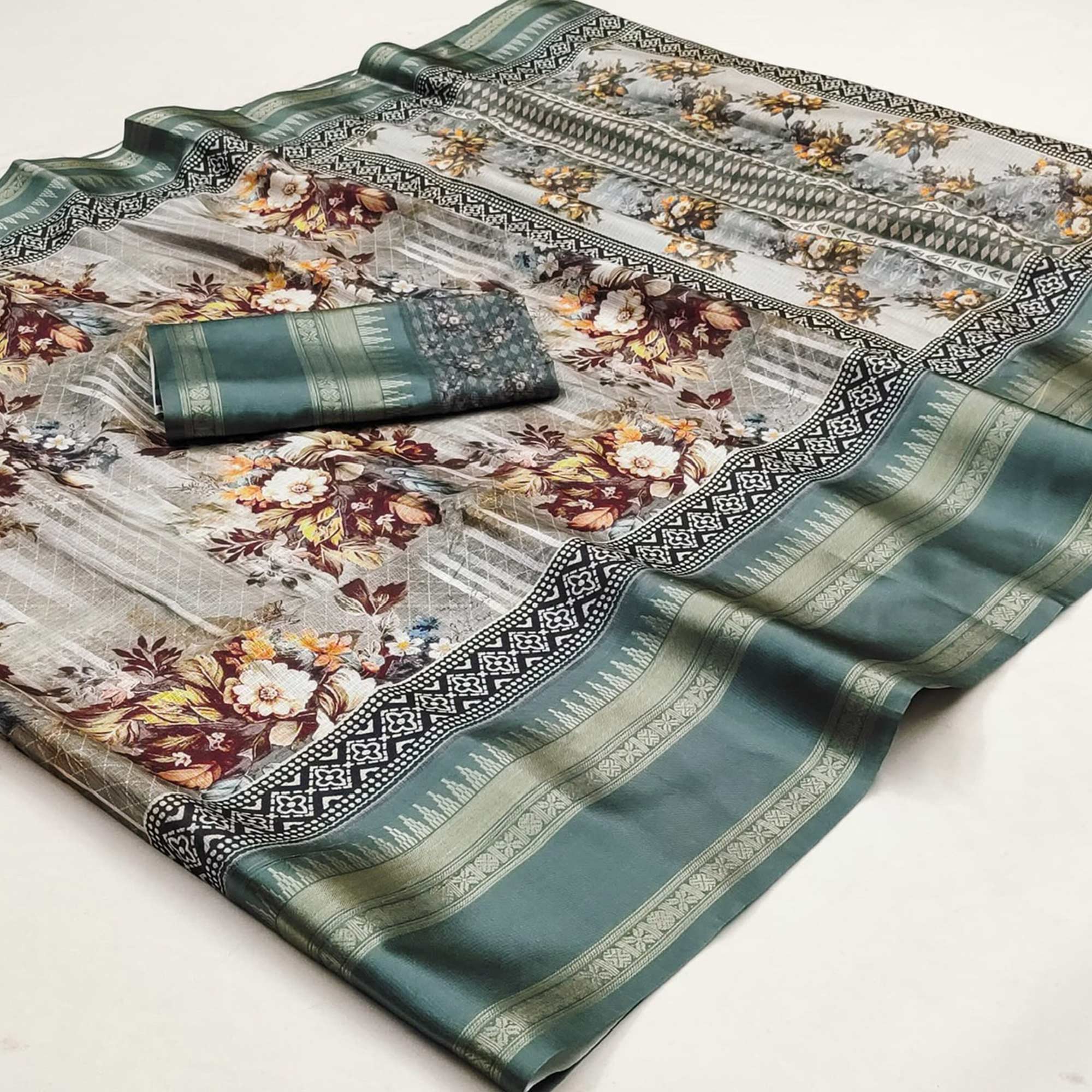 Muted Green Floral Digital Printed Cotton Silk Saree