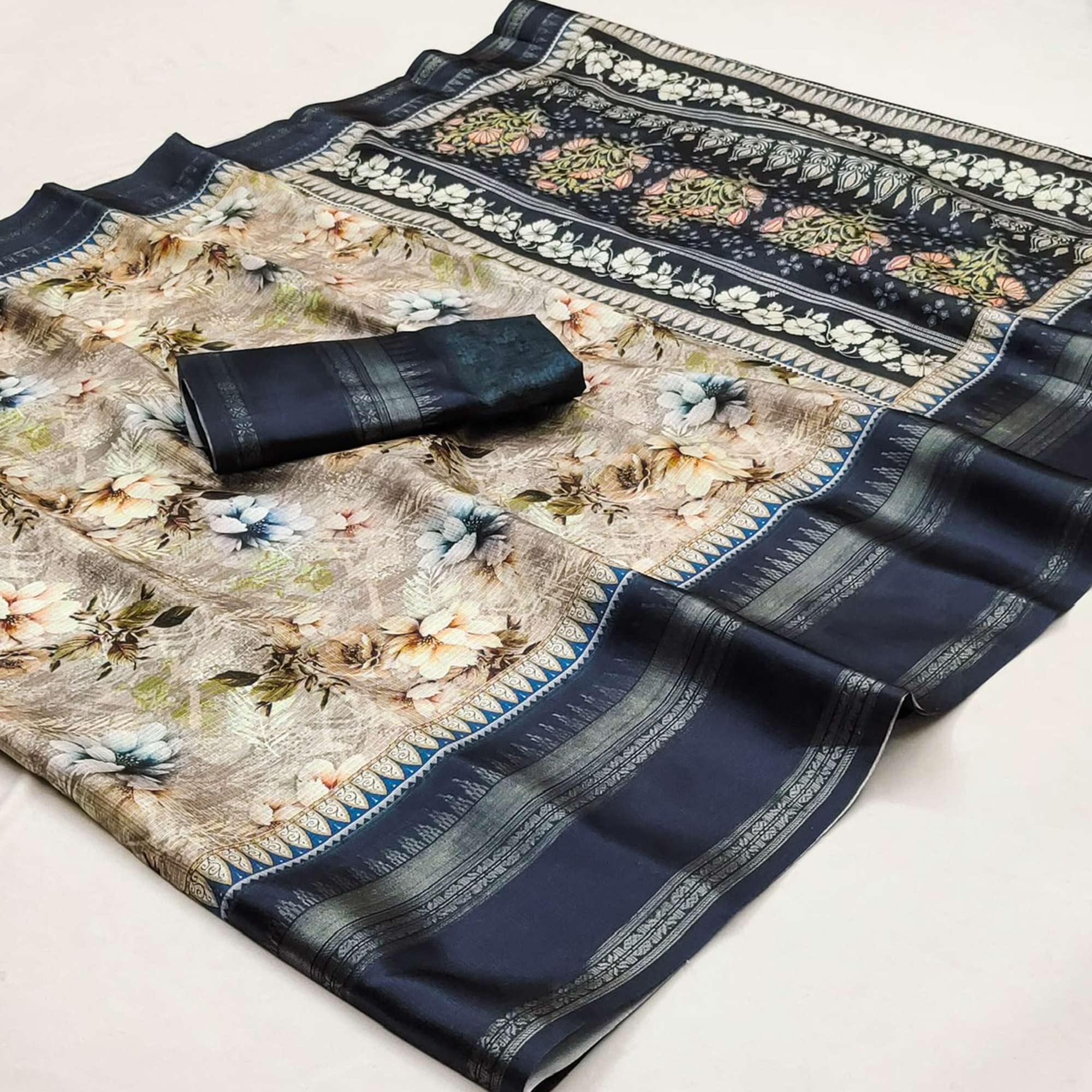 Navy Blue Floral Digital Printed Cotton Silk Saree
