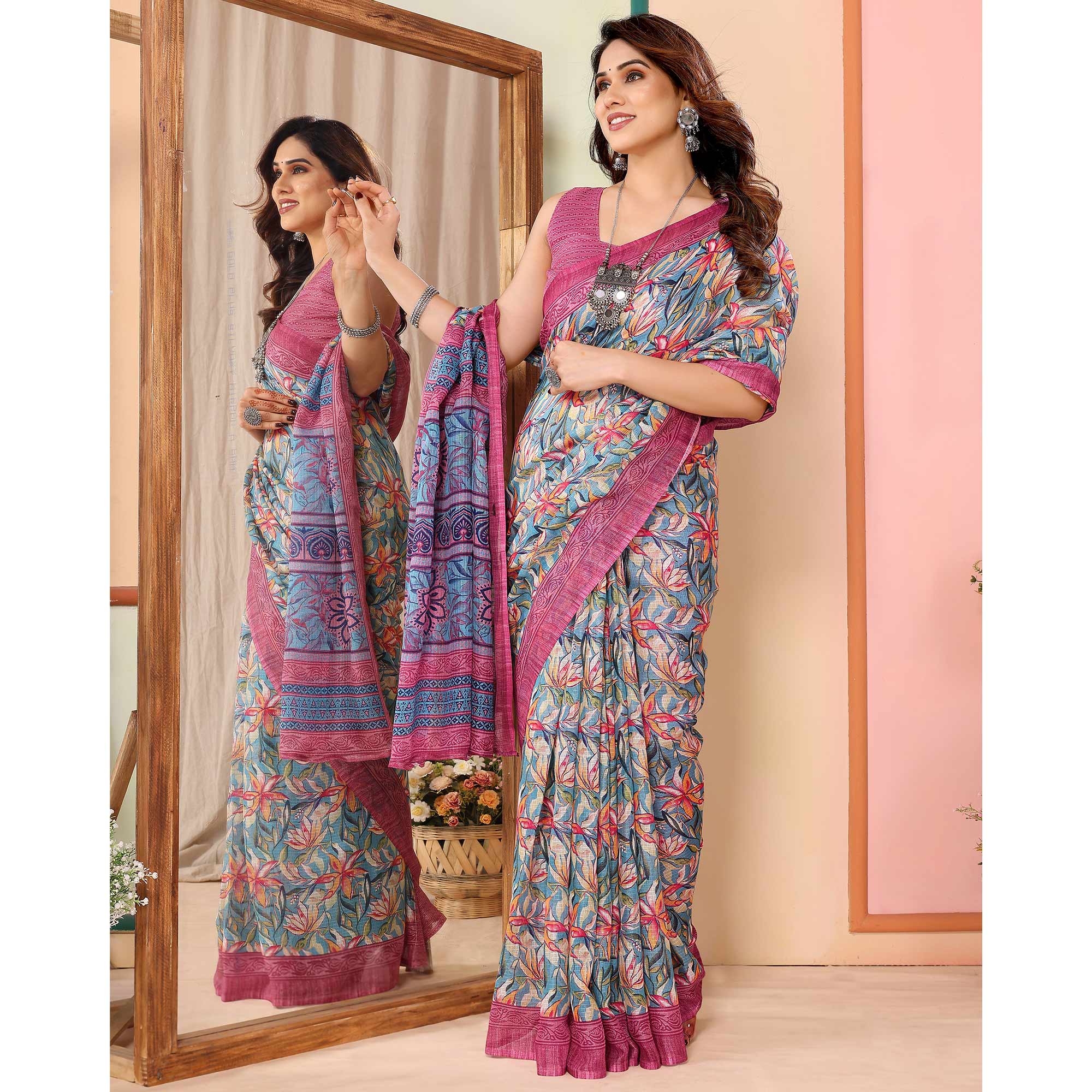 Grey & Pink Floral Printed Kota Doria Saree