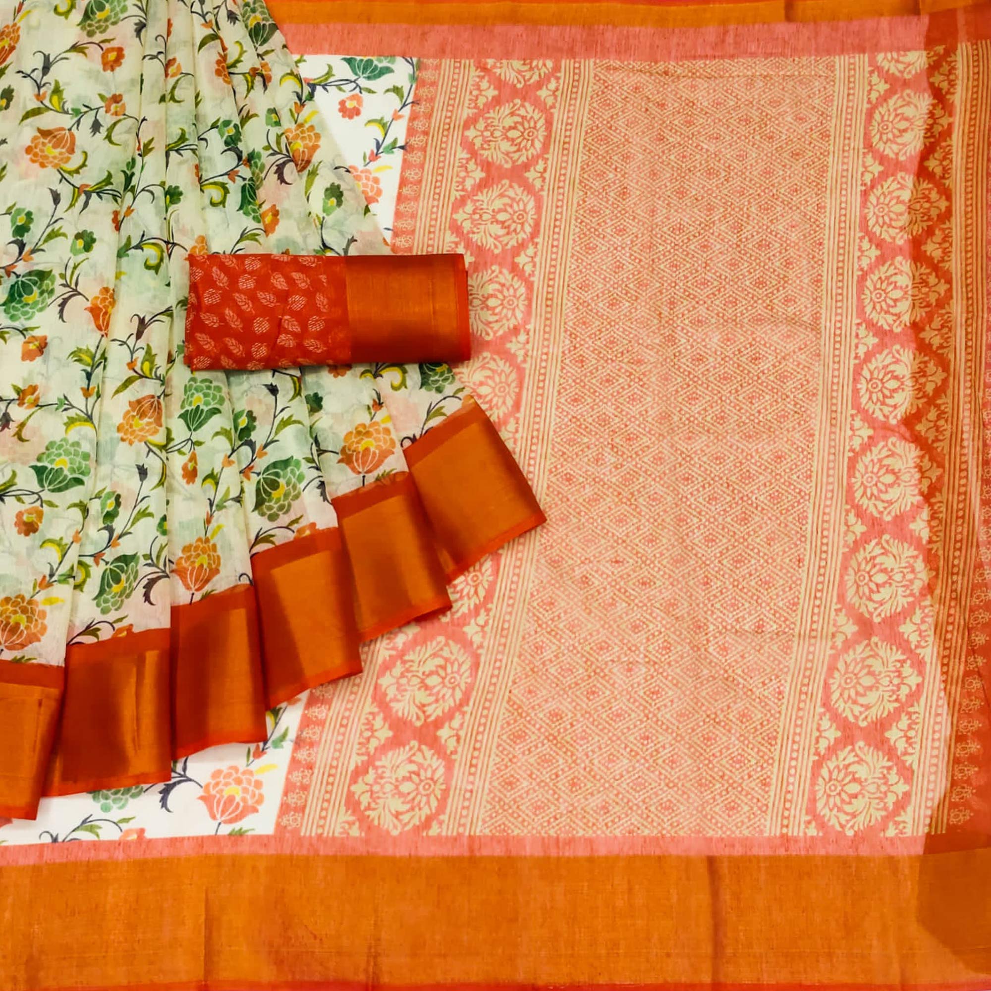 White & Orange Floral Printed Cotton Blend Saree