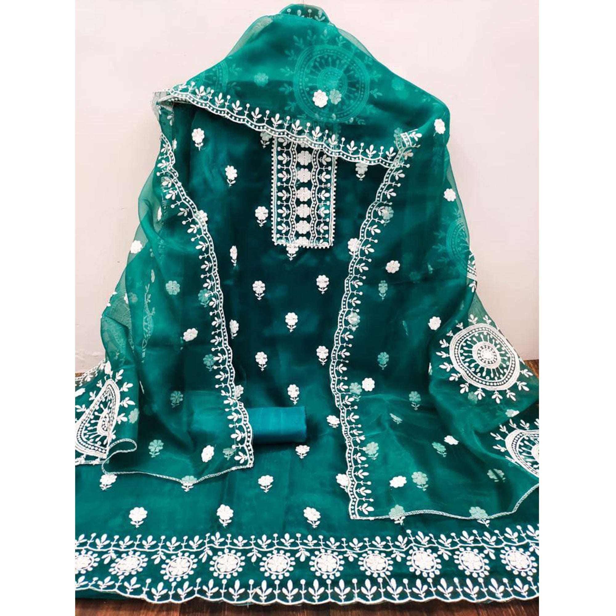 Teal Blue Floral Embroidered Organza Dress Material