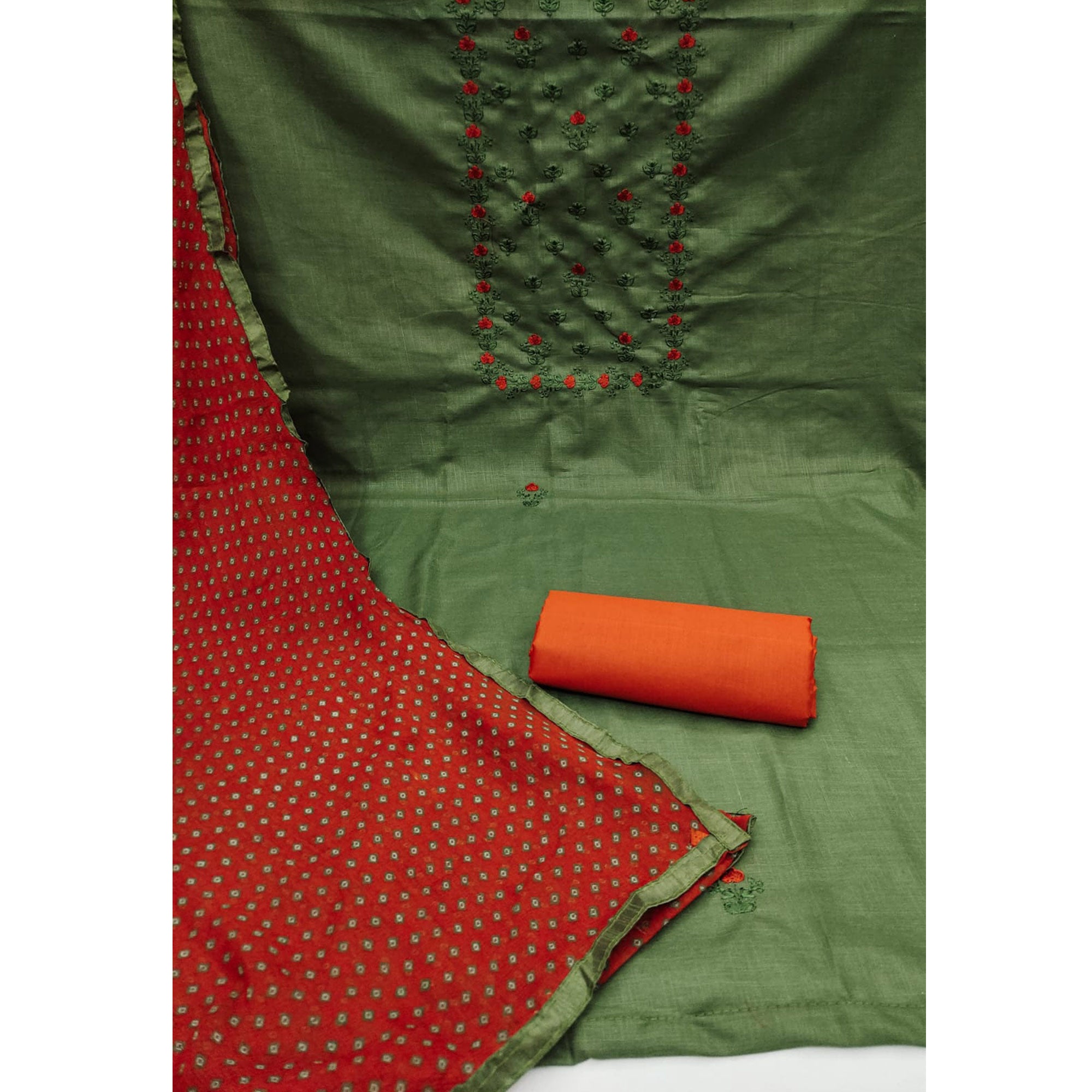 Green Floral Embroidered Cotton Blend Dress Material