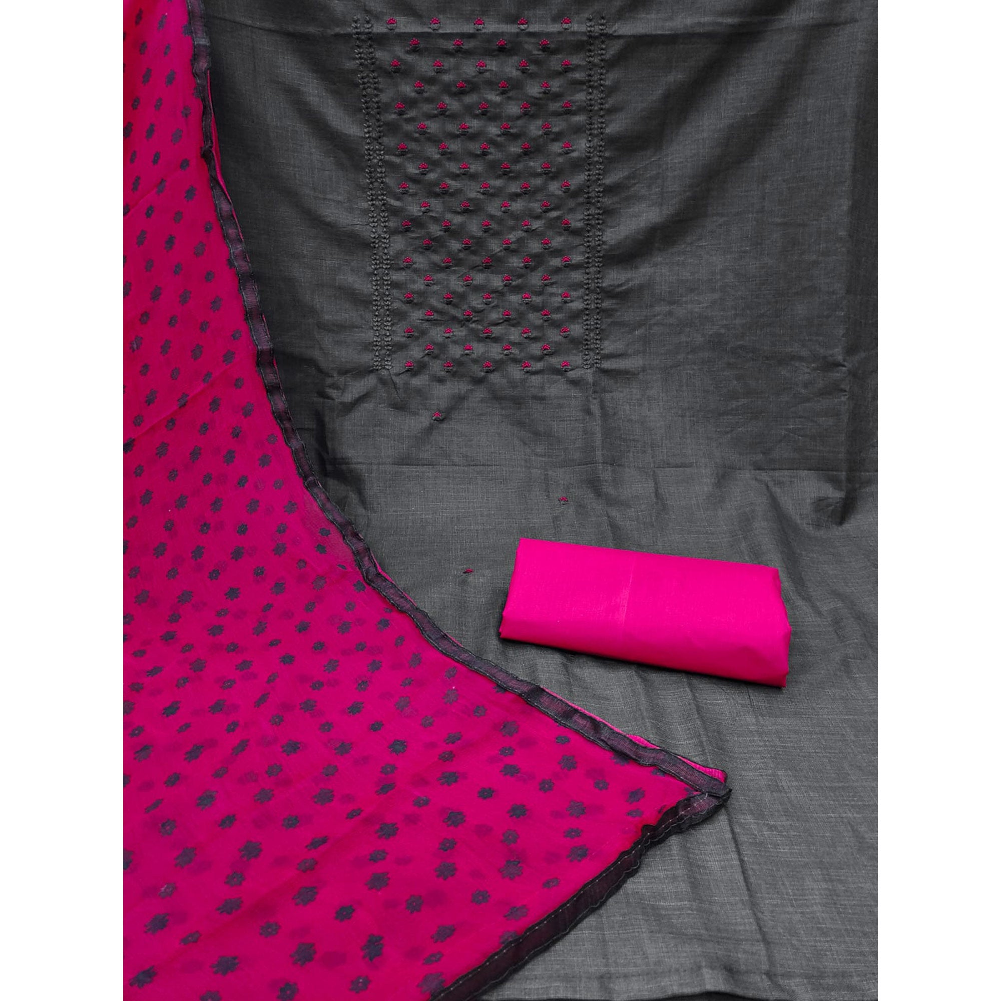 Grey Floral Embroidered Cotton Blend Dress Material