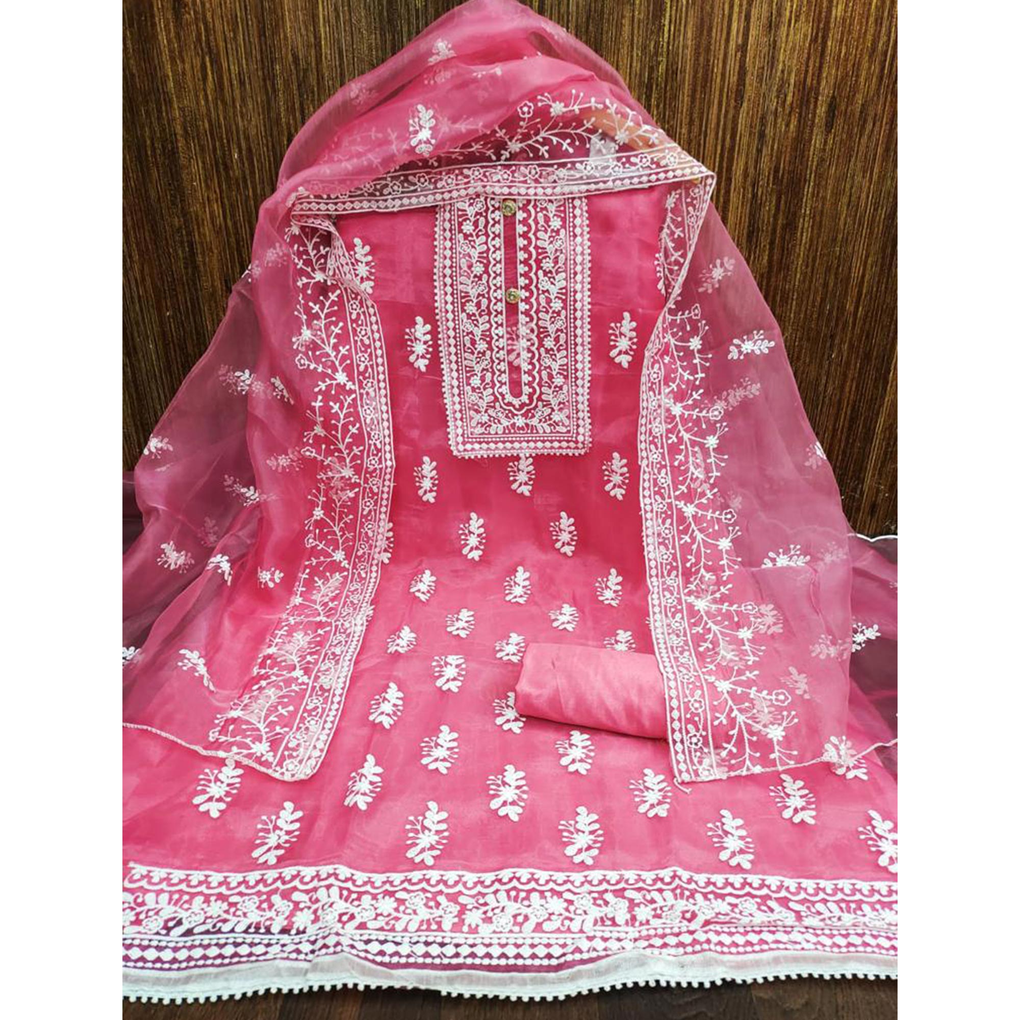Pink Floral Embroidered Organza Dress Material
