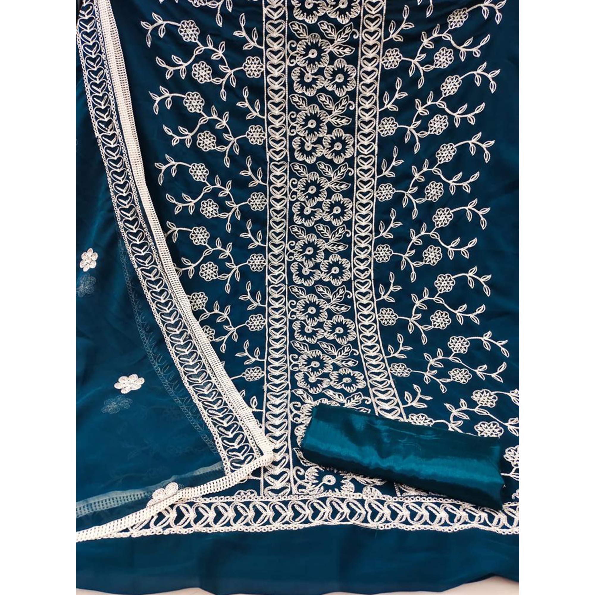 Blue Floral Embroidered Georgette Dress Material