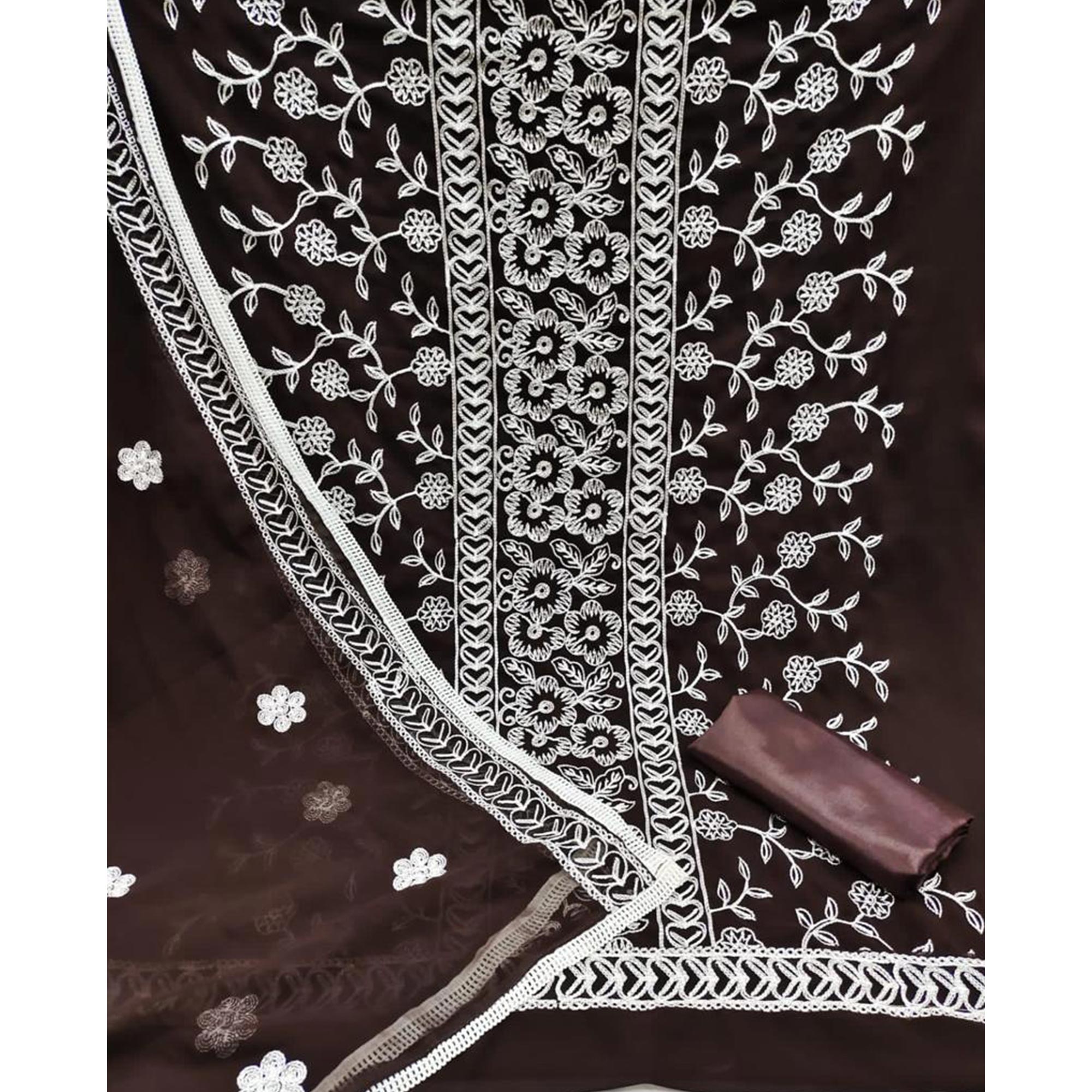 Coffee Brown Floral Embroidered Georgette Dress Material