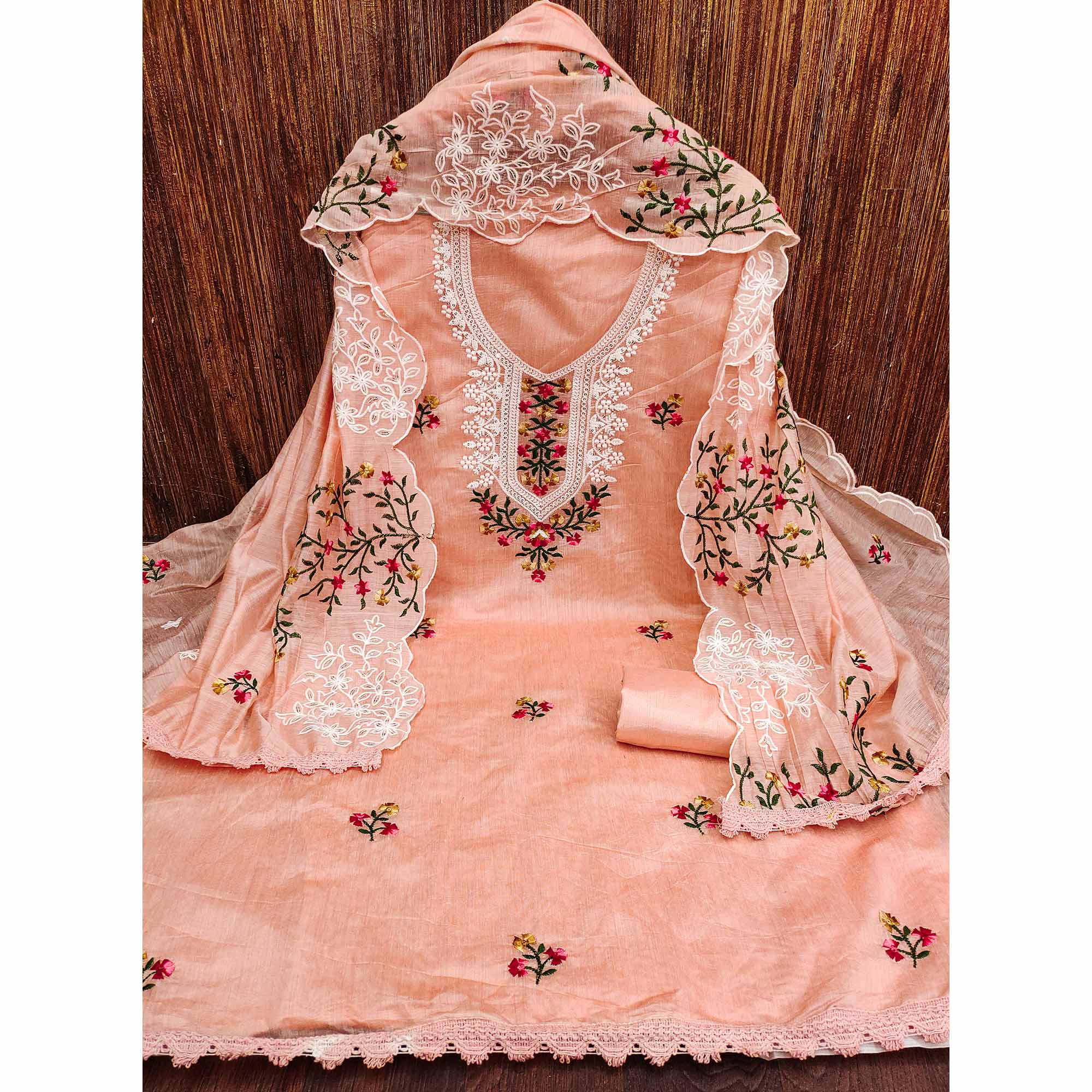Peach Floral Embroidered Chanderi Dress Material