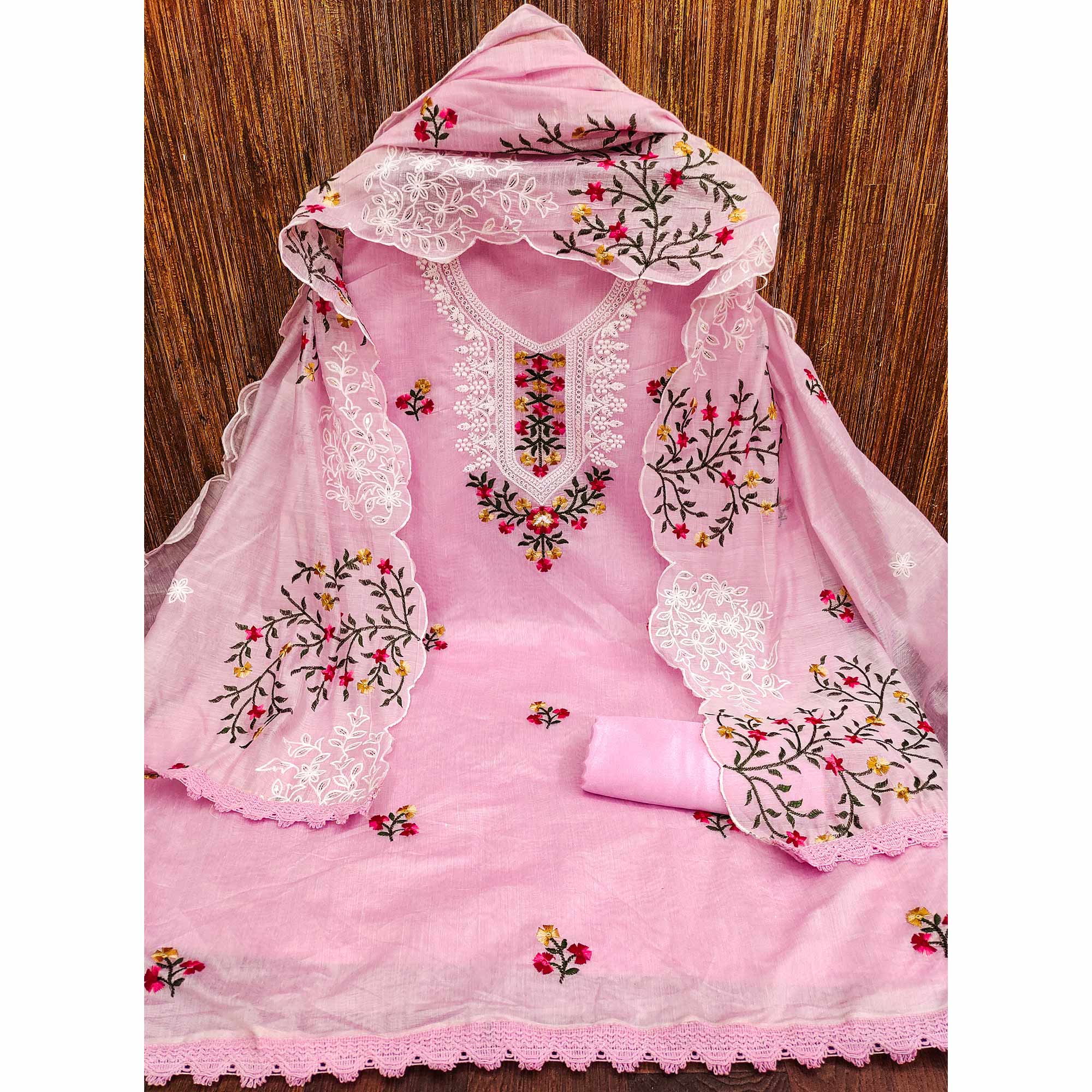 Pink Floral Embroidered Chanderi Dress Material