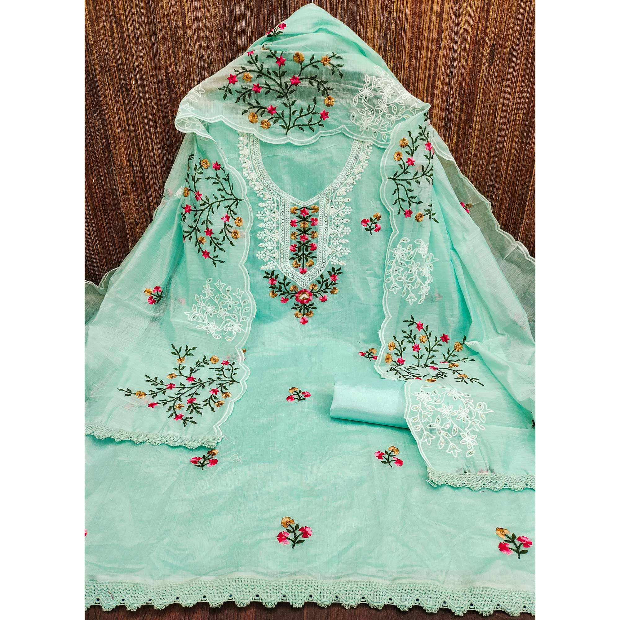 Sea Green Floral Embroidered Chanderi Dress Material