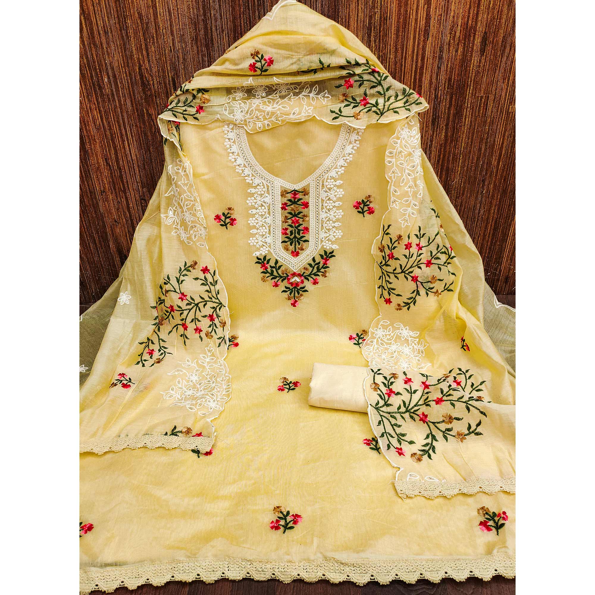 Yellow Floral Embroidered Chanderi Dress Material