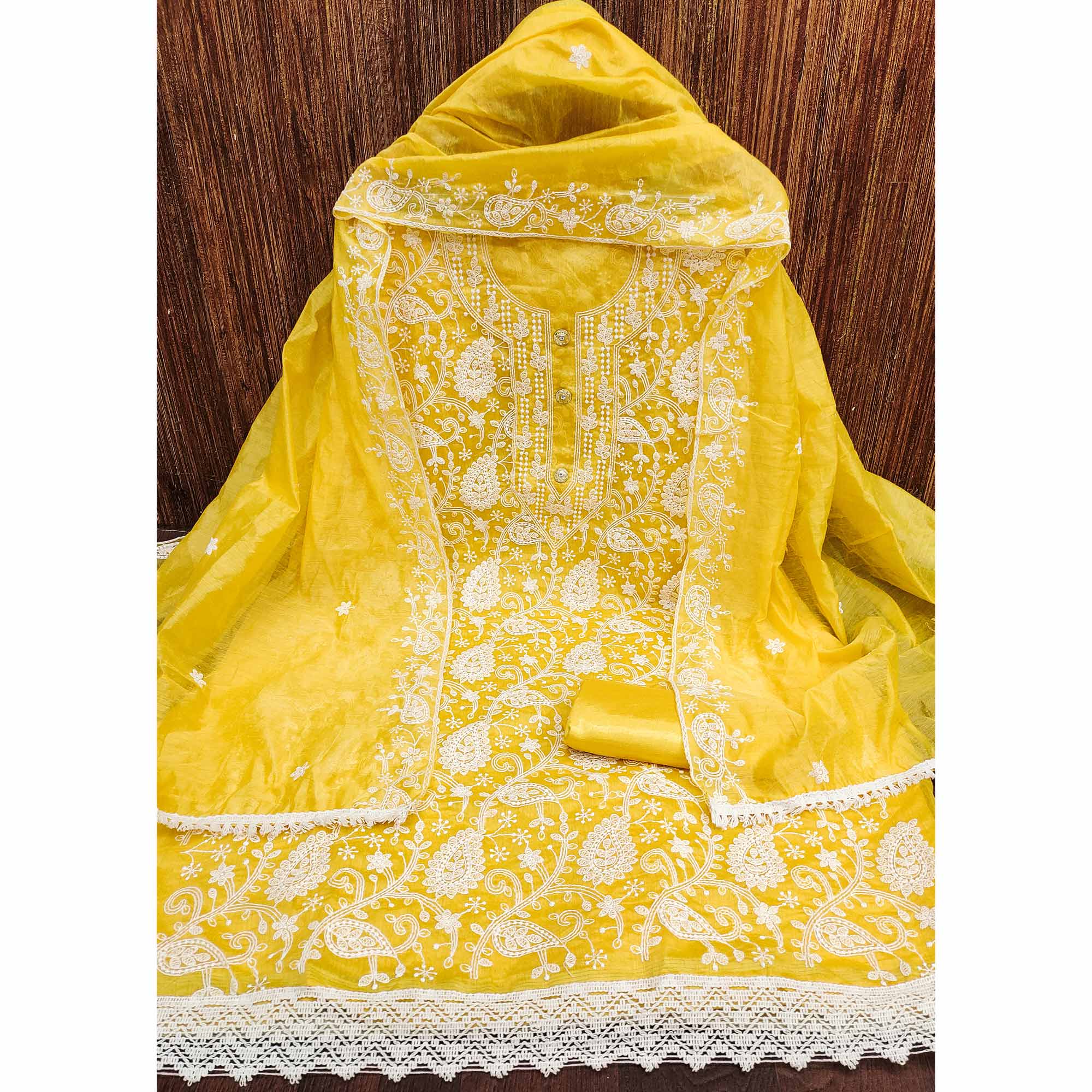 Yellow Floral Embroidered Chanderi Dress Material