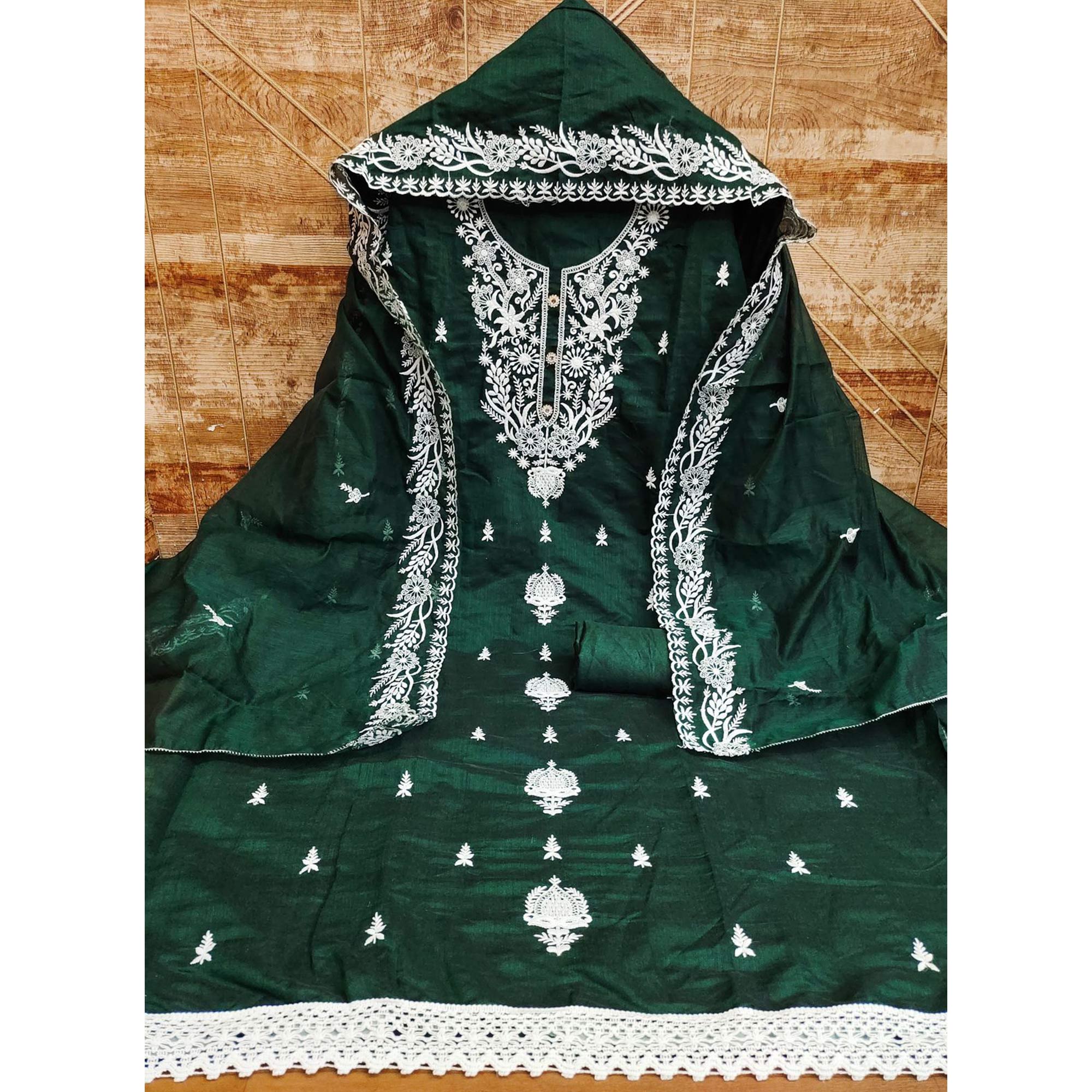 Bottle Green Floral Embroidered Chanderi Dress Material