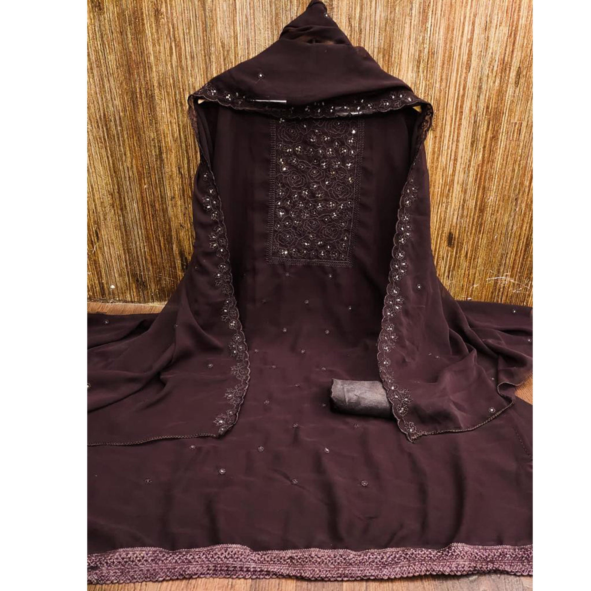 Brown Floral Embroidered Georgette Dress Material
