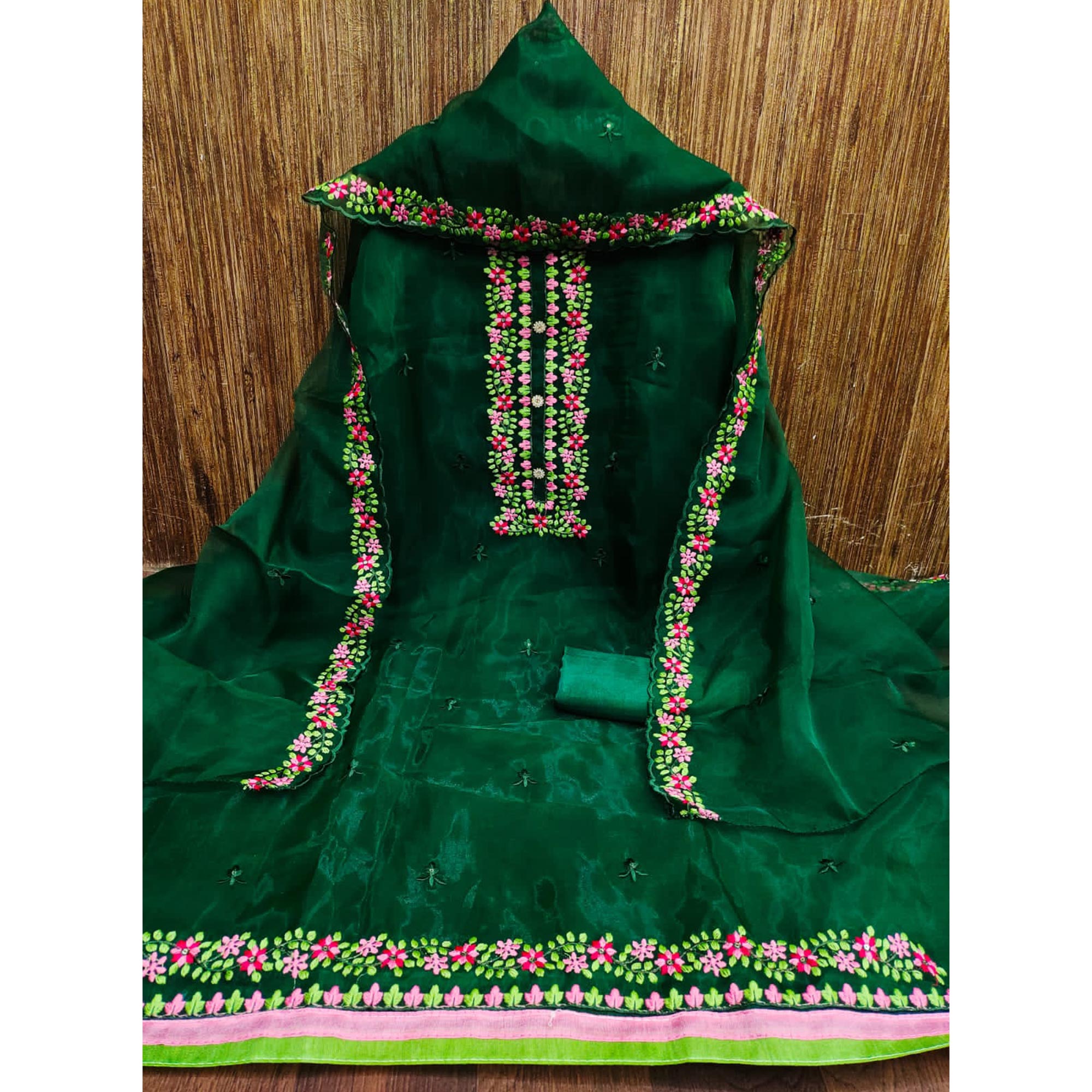 Bottle Green Floral Embroidered Organza Dress Material