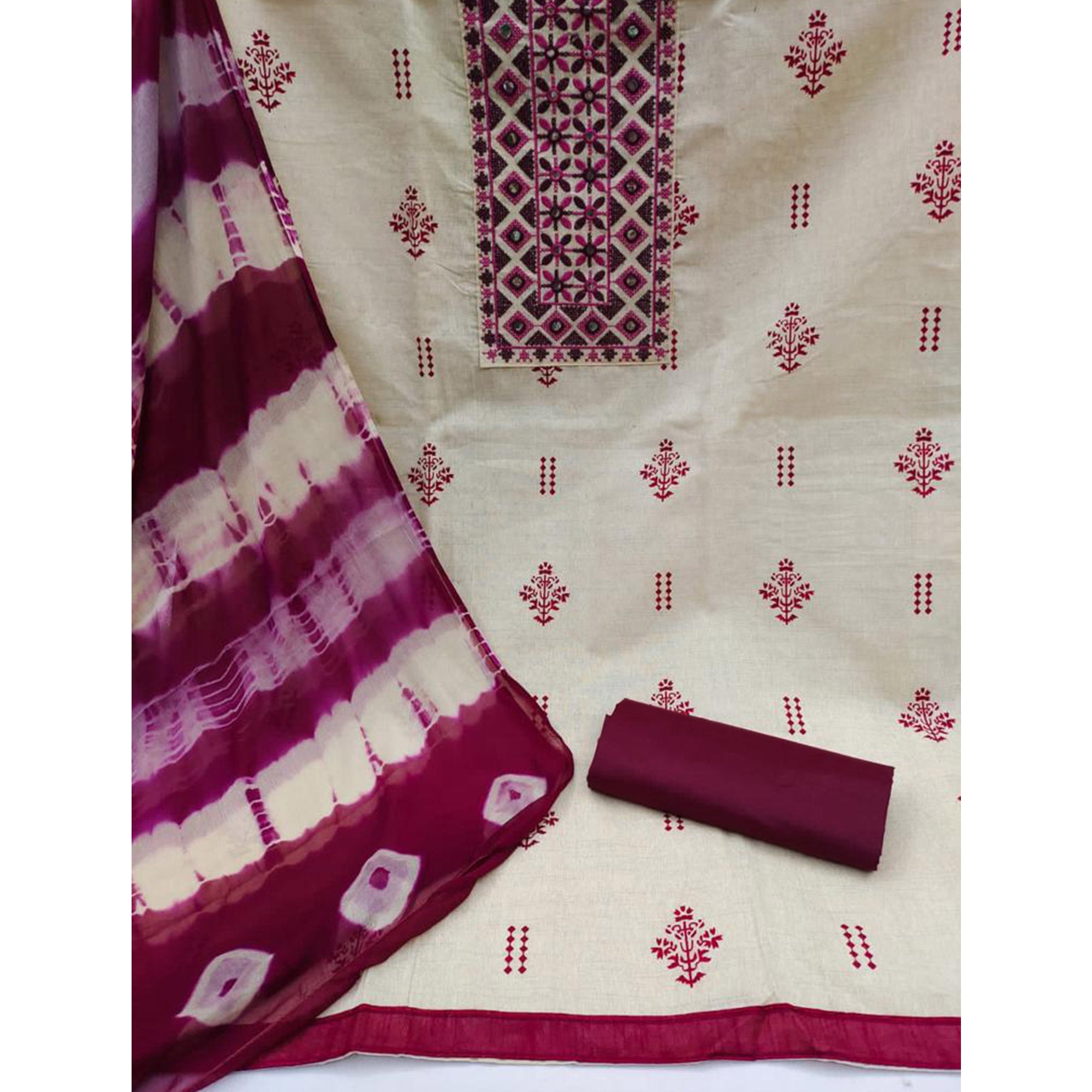 Chikoo & Wine Printed Cotton Dress Material
